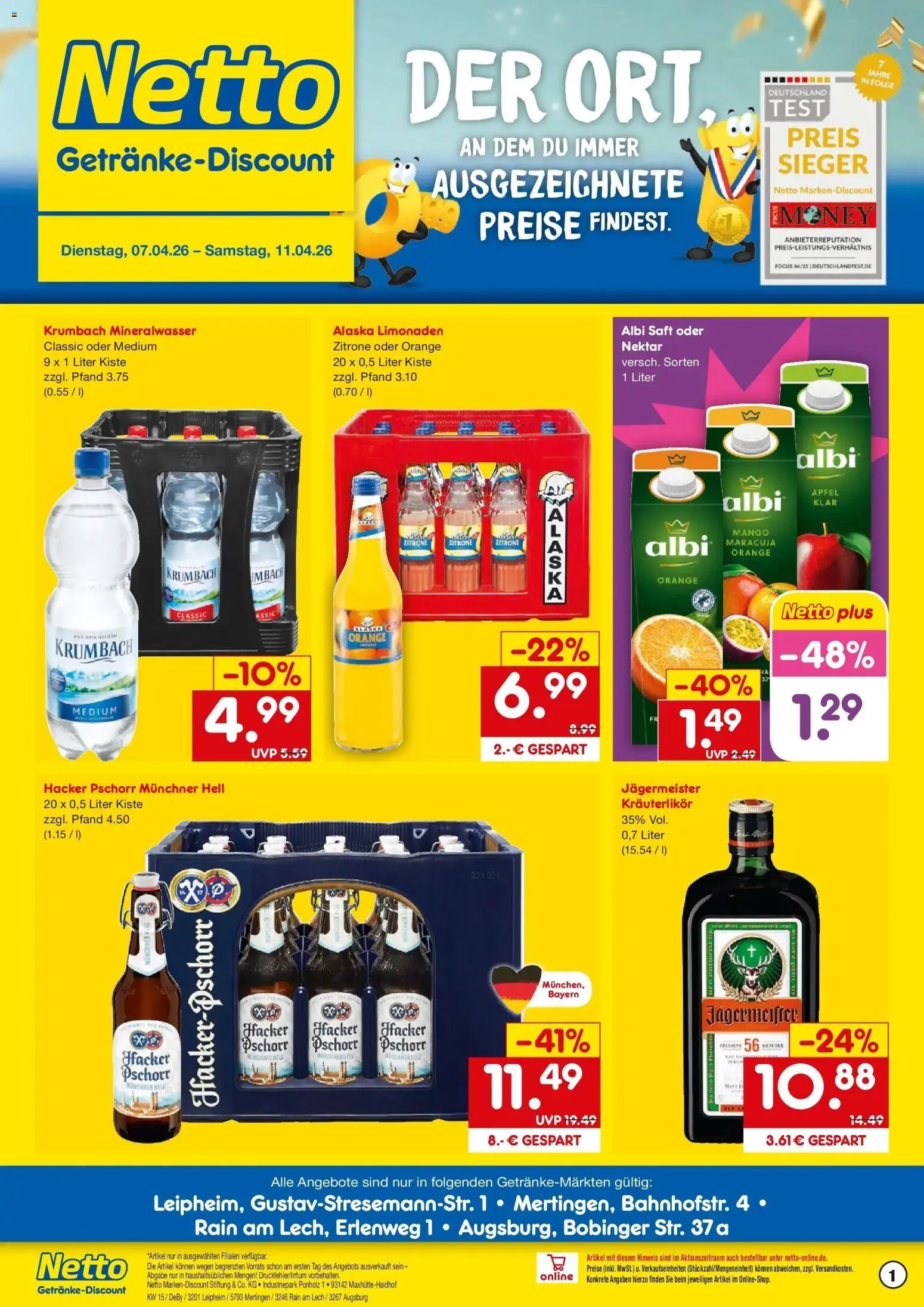 Netto Marken-Discount Prospekt Rain Am Lech	 – gültig ab 07.04.2026 | Seite: 1 | Produkte: Äpfel, Mineralwasser, Jägermeister, Mango