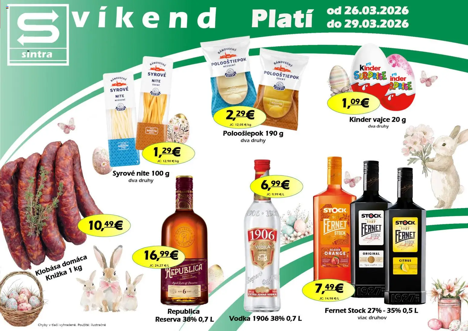Nové Sintra akcie – leták je platný od 26.03.2026 | Strana: 1 | Produkty: Klobása, Kinder, Vodka, Rum