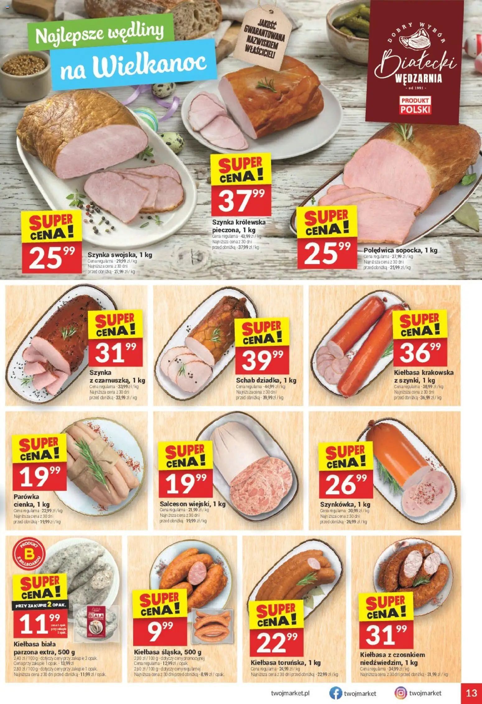 Twój Market gazetka od 11.03.2026 | Strona: 13 | Produkty: Kiełbasa, Szynka, Kiełbasa krakowska, Wędliny