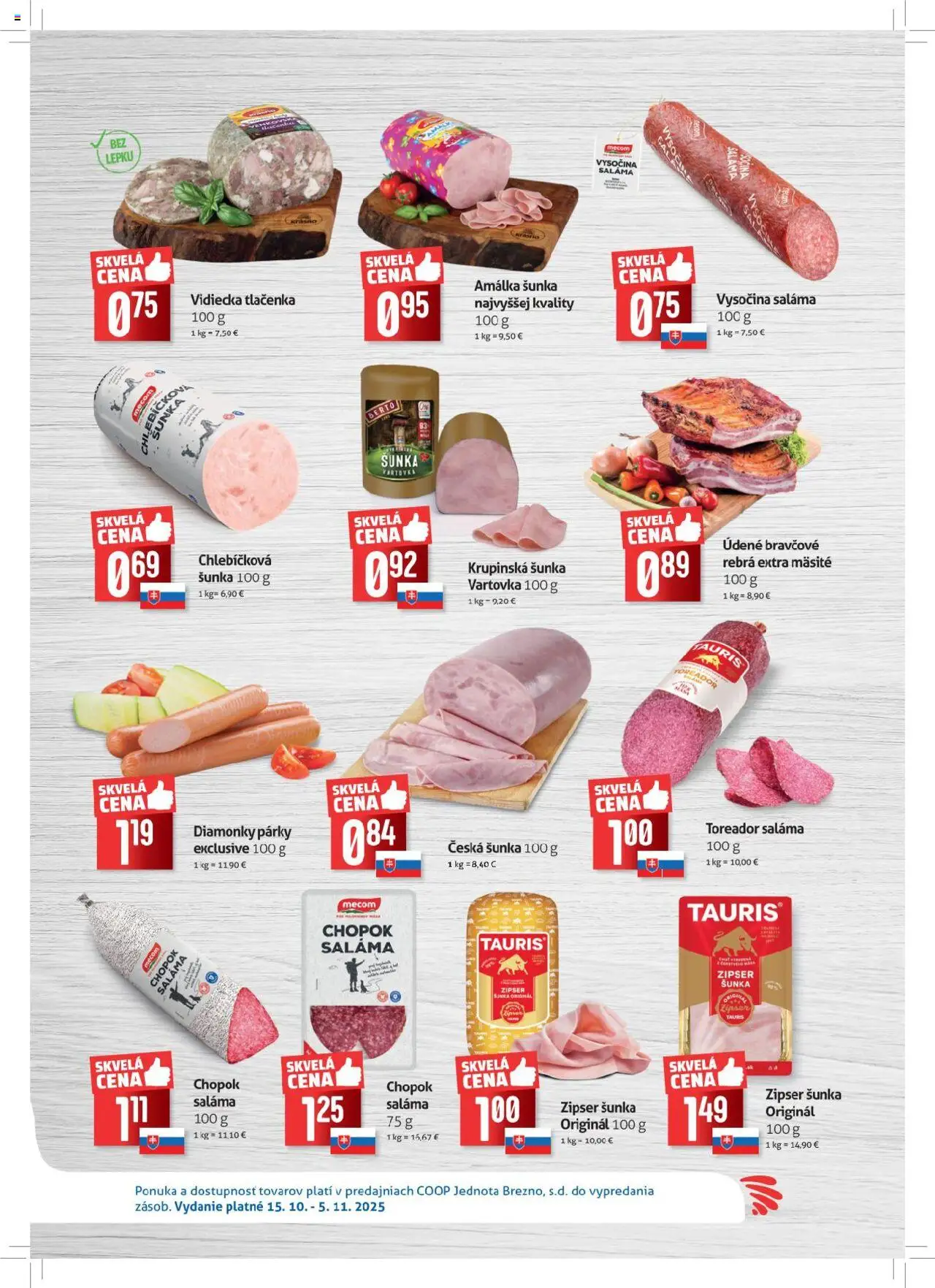 Nové COOP Jednota akcie – leták je platný od 15.10.2025 | Strana: 2 | Produkty: Saláma, Šunka, Párky