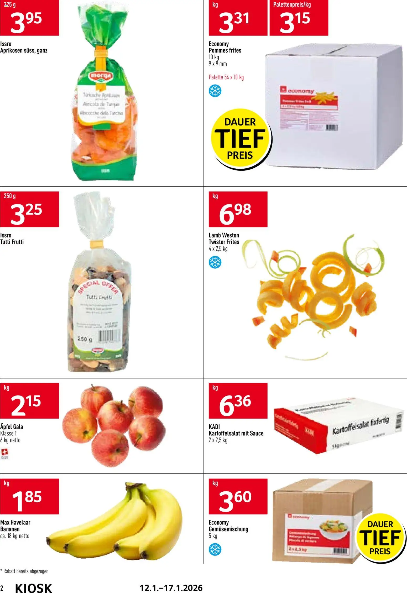 Prodega Aktionen Kiosk – gültig ab 12.01.2026 | Seite: 2 | Produkte: Pommes Frites, Äpfel, Bananen, Demlik