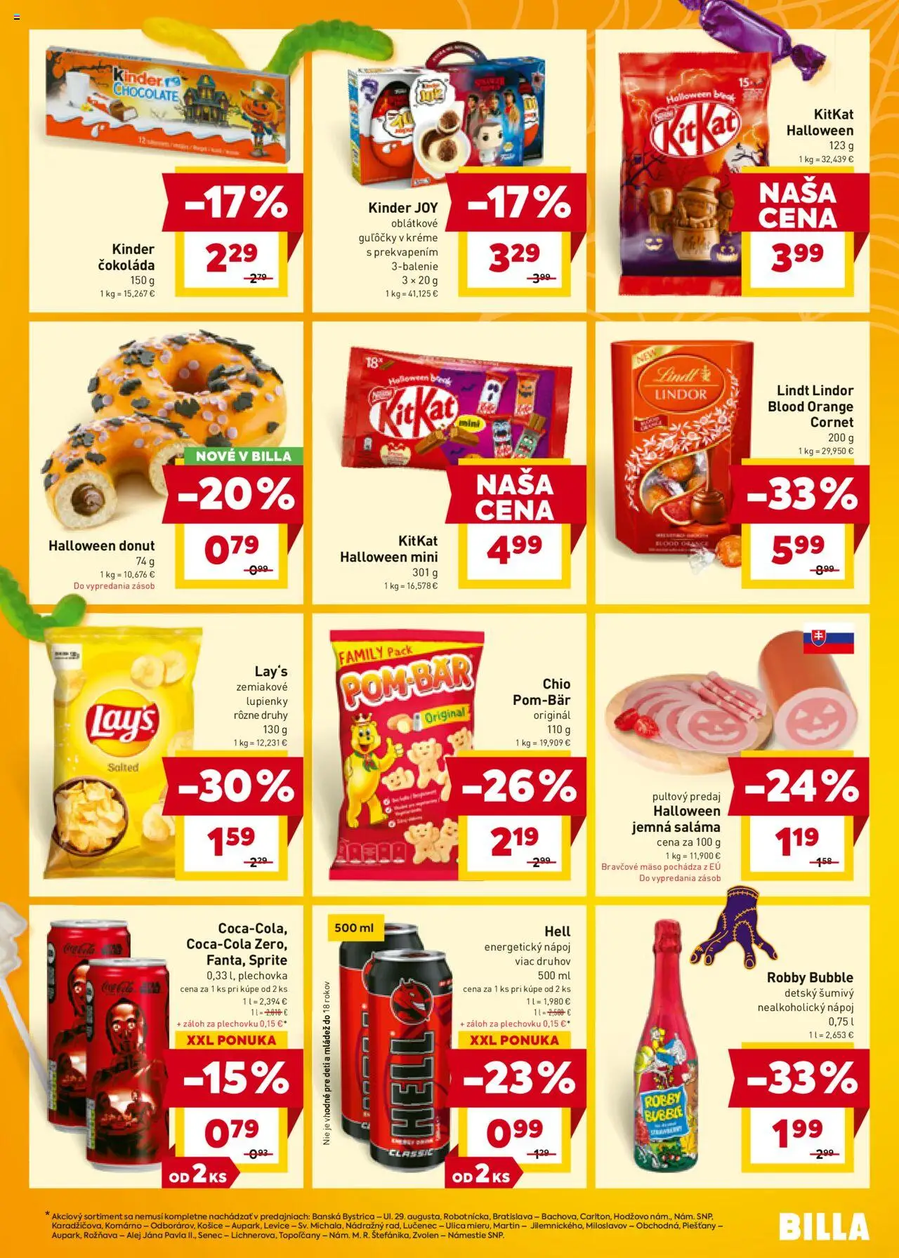 Nové Billa akcie – leták je platný od 22.10.2025 | Strana: 3 | Produkty: Saláma, Kinder, Čokoláda, Sprite