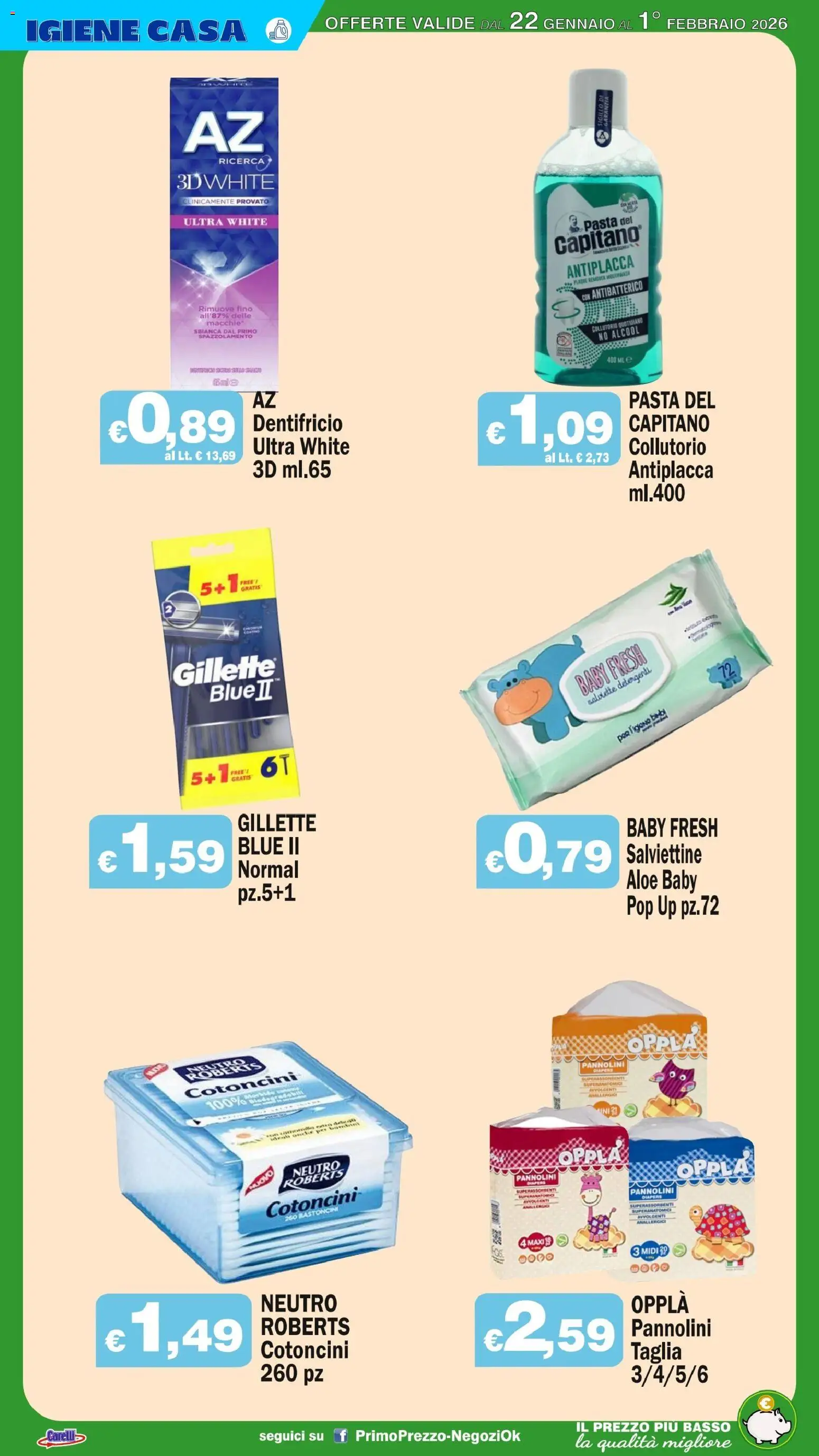 Volantino Primo Prezzo del 22.01.2026 | Pagina: 24 | Prodotti: Pannolini, Dentifricio, Collutorio, Pasta