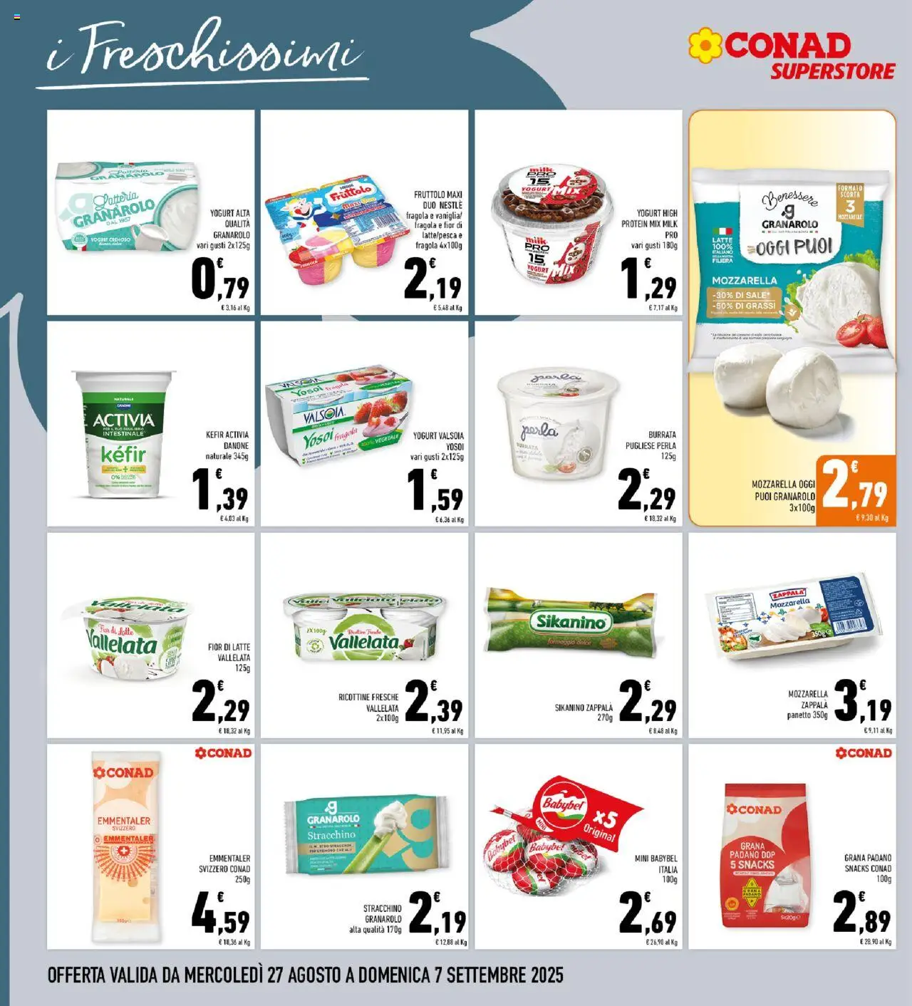 Volantino Conad del 27.08.2025 | Pagina: 10 | Prodotti: Yogurt, Mozzarella, Formaggio, Grana Padano