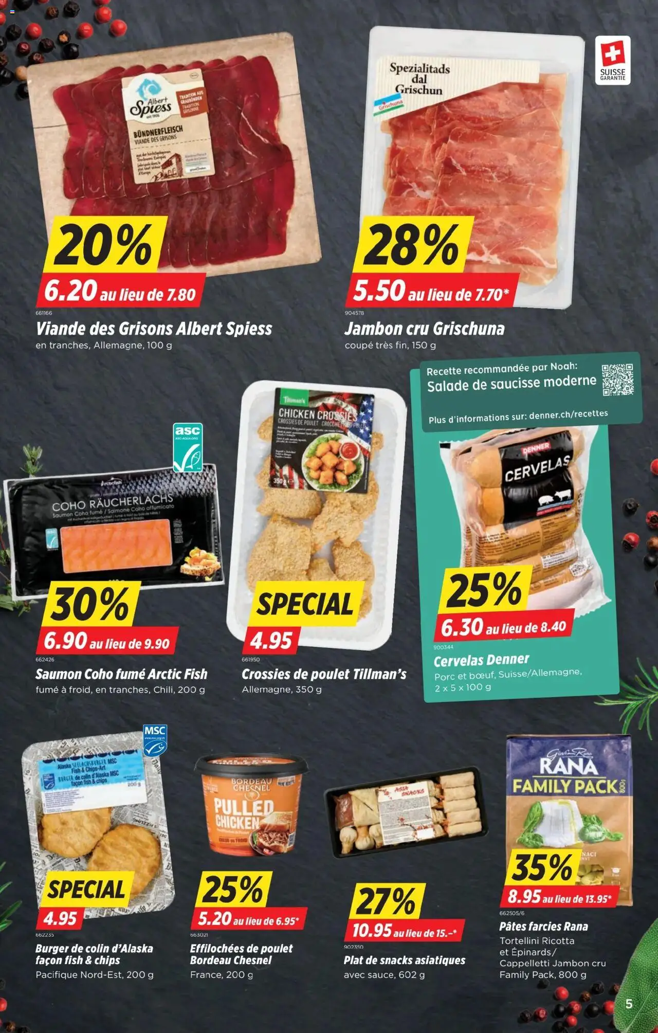 Denner Aktionen FR ab 26.08.2025 | Seite: 5 | Produkte: Burger, Räucherlachs, Pasta, Chips
