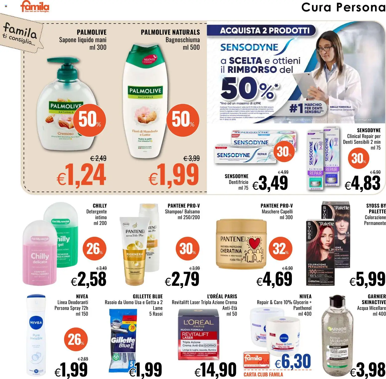 Volantino Famila del 22.01.2026 | Pagina: 20 | Prodotti: Crema, Bagnoschiuma, Dentifricio, Acqua