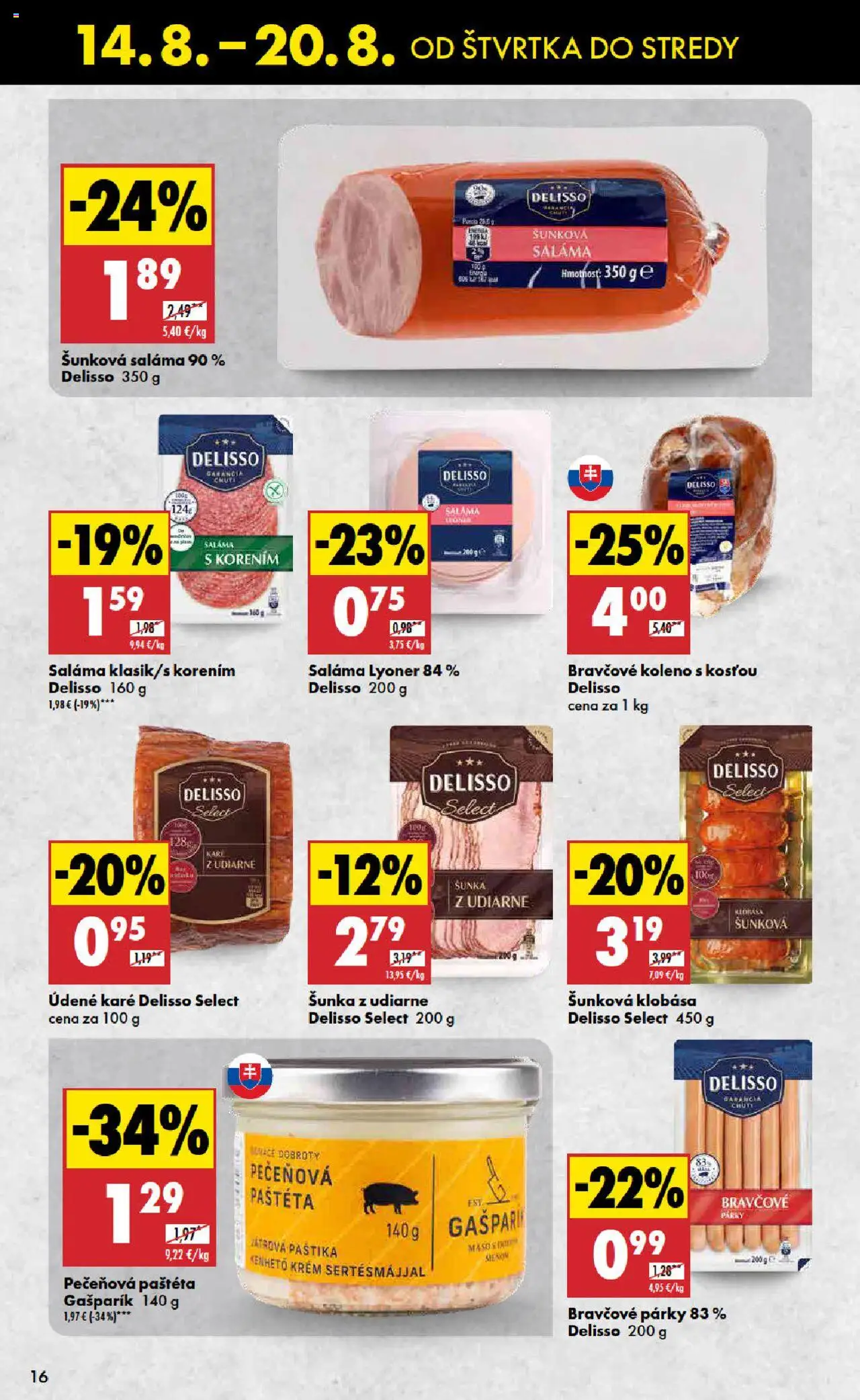 Biedronka leták │ platný od 14.08.2025 | Strana: 16 | Produkty: Saláma, Klobása, Bravčové koleno, Párky