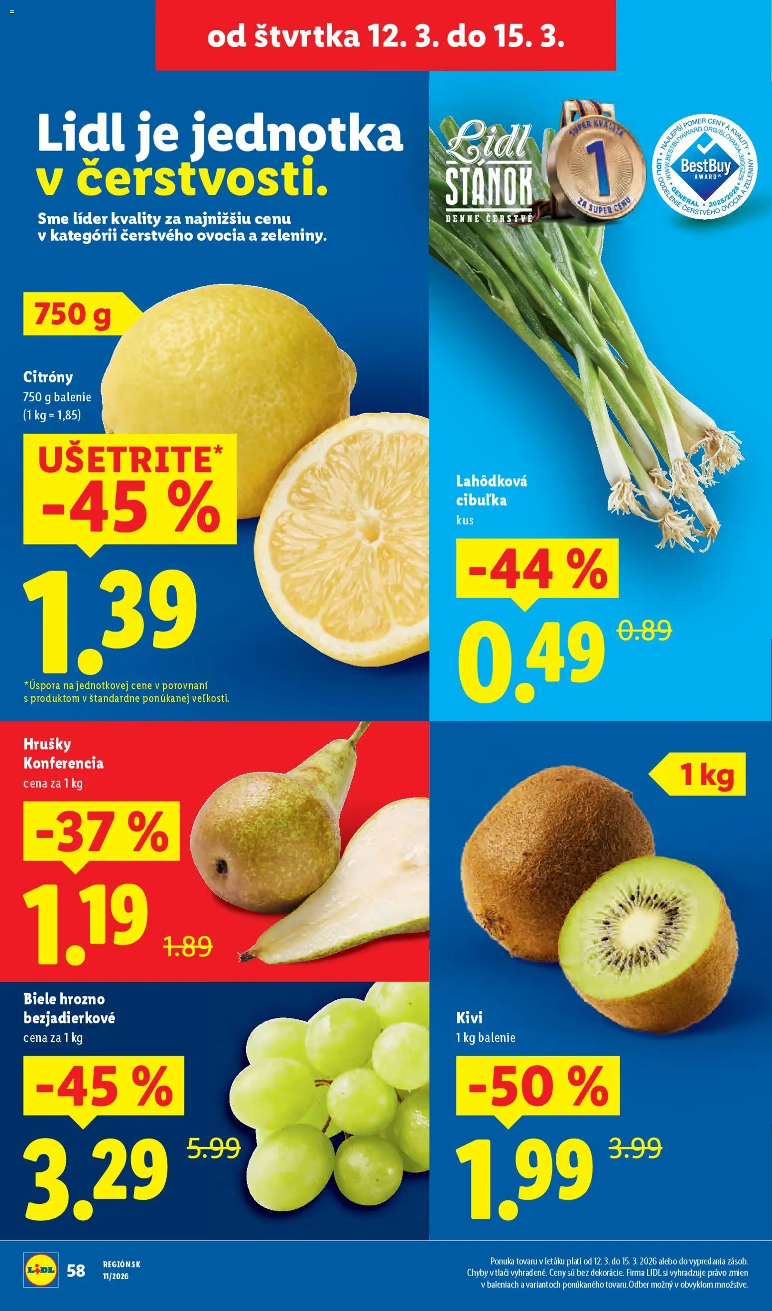 Nové Lidl akcie – leták je platný od 09.03.2026 | Strana: 58 | Produkty: Citróny, Kiwi, Hrušky, Hrozno