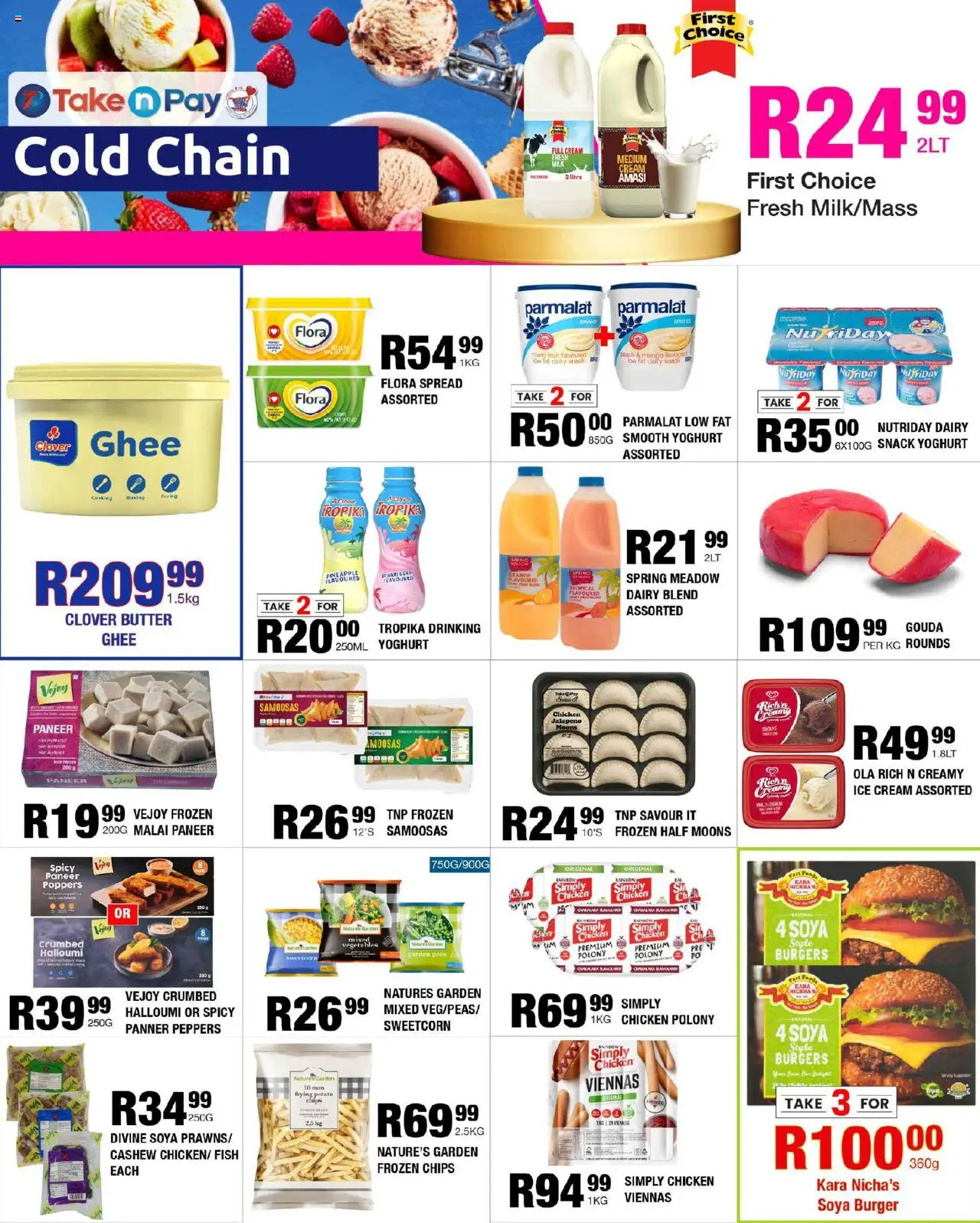 New Take n Pay catalogue – valid from 08.09.2025 | Page: 8 | Products: Yoghurt, Samoosas, Chicken, Burgers
