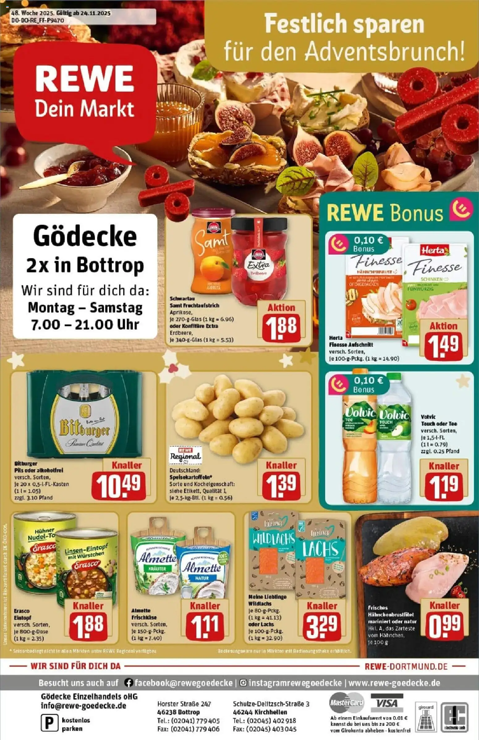 Rewe prospekt Bottrop	 – gültig ab 23.11.2025 | Seite: 1 | Produkte: Lachs, Erasco, Volvic, Frischkase