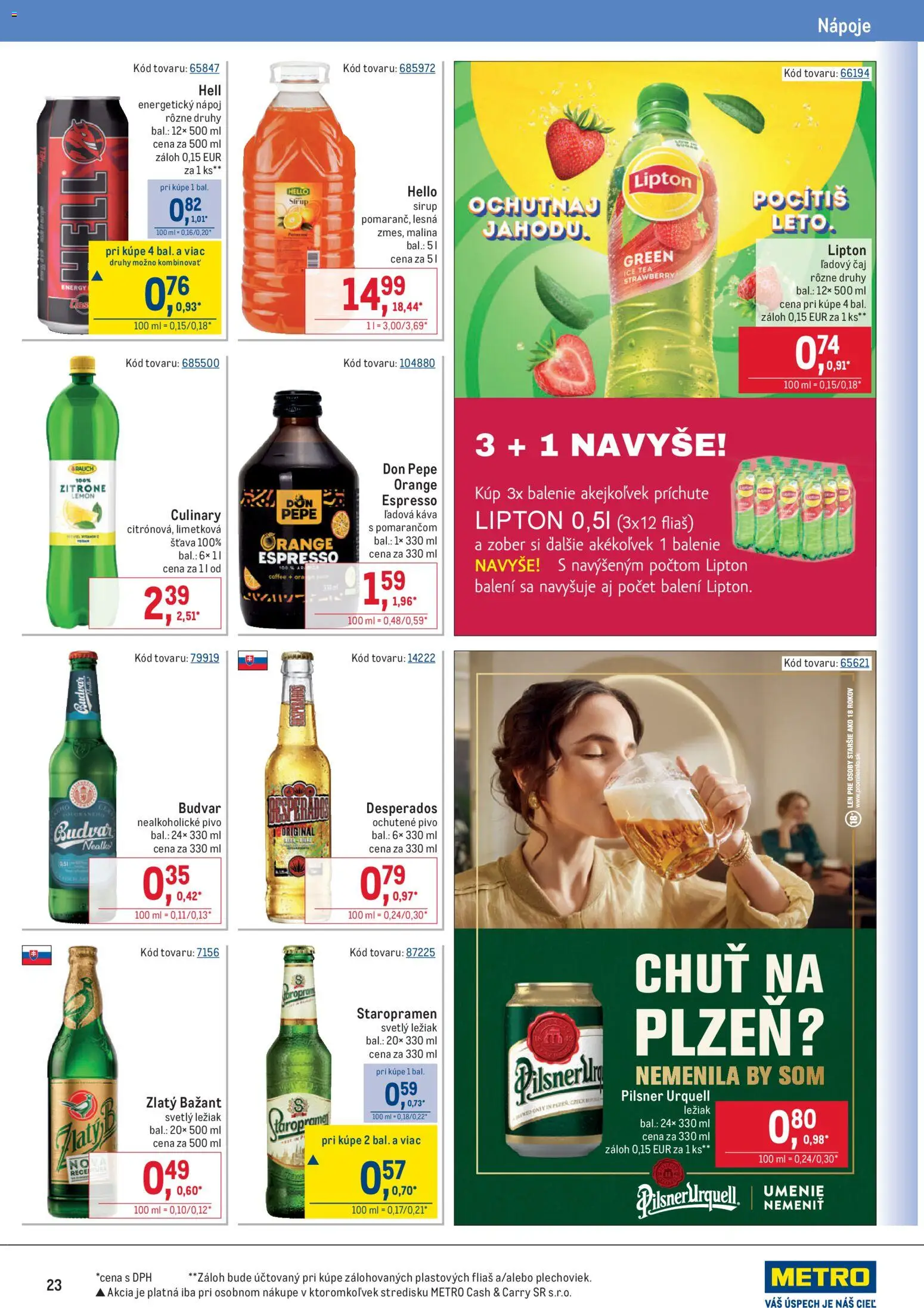 Nové Metro akcie – leták je platný od 25.03.2026 | Strana: 23 | Produkty: Pilsner Urquell, Čaj, Budvar, Energetický nápoj