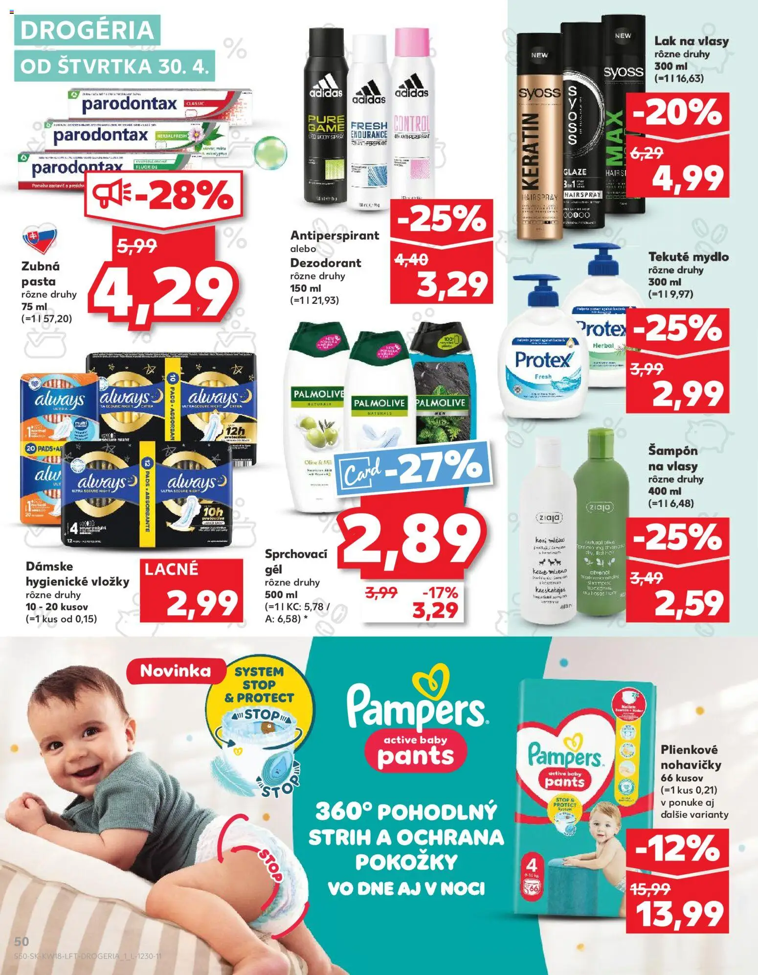 Nové Kaufland akcie – leták je platný od 30.04.2026 | Strana: 50 | Produkty: Mlieko, Šampón, Dezodorant, Adidas