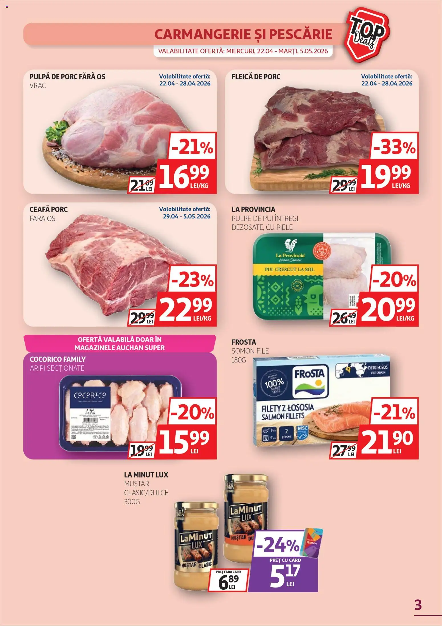 Noul catalog Auchan – valabil de la 22.04.2026 | Pagină: 3 | Produse: Hacıyatmaz Kedi Oyuncağı, Muștar, Fleică