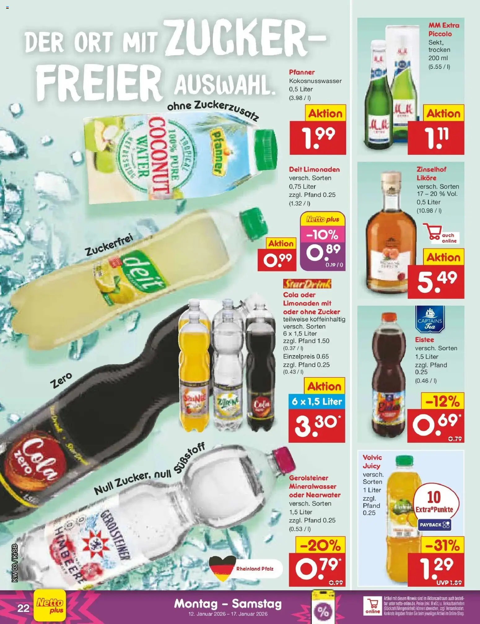 Netto Marken-Discount prospekt Jüchen	 – gültig ab 12.01.2026 | Seite: 22 | Produkte: Cola, Mineralwasser, Himbeere, Volvic
