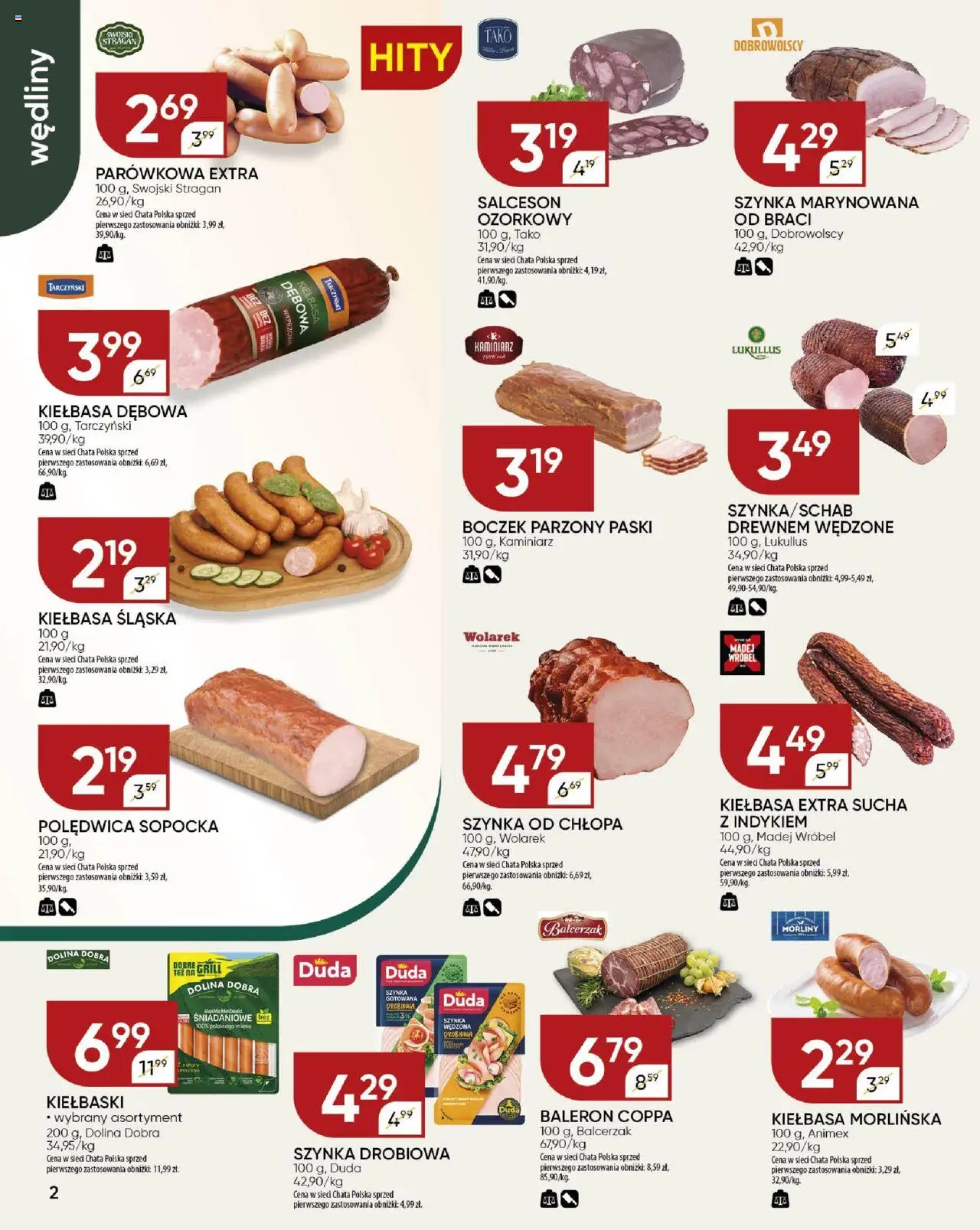 Chata Polska Gazetka od 13.08.2025 | Strona: 2 | Produkty: Kiełbasa, Szynka drobiowa, Szynka, Boczek parzony