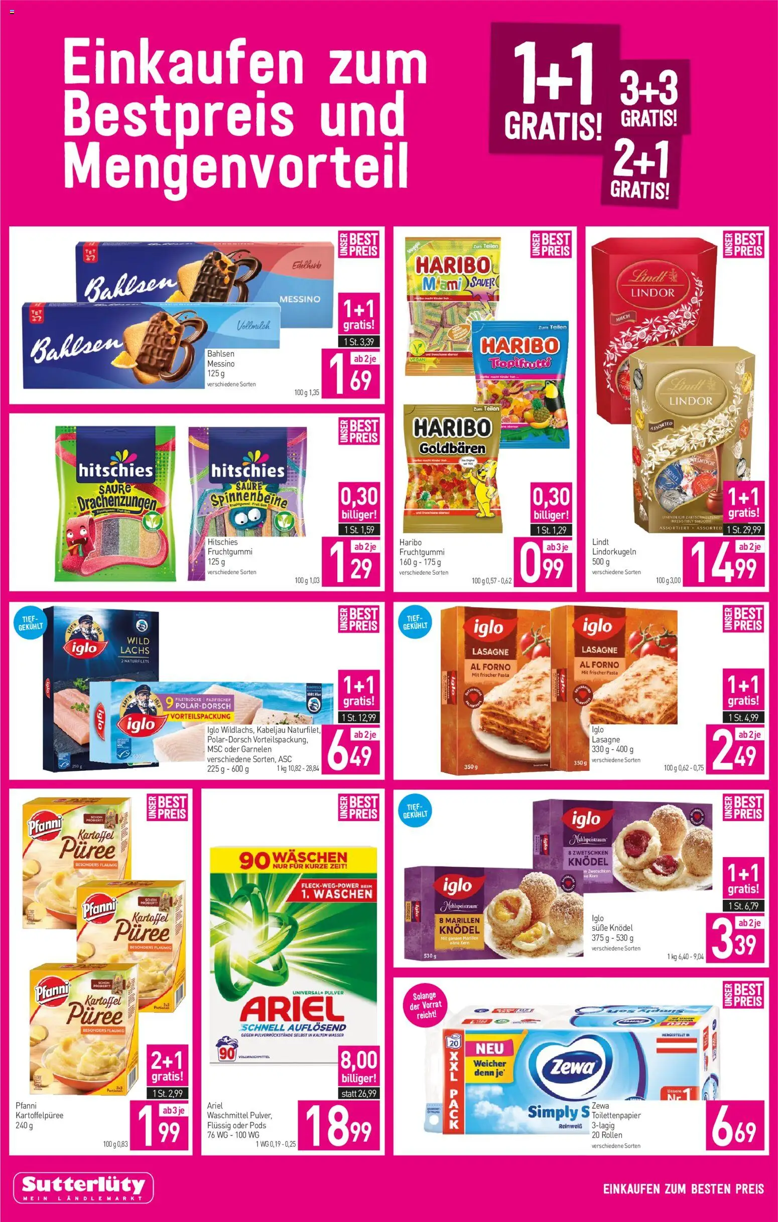 Sutterlüty Flugblatt gültig ab 19.02.2026 | Seite: 4 | Produkte: Pasta, Wasser, Milch, Waschmittel