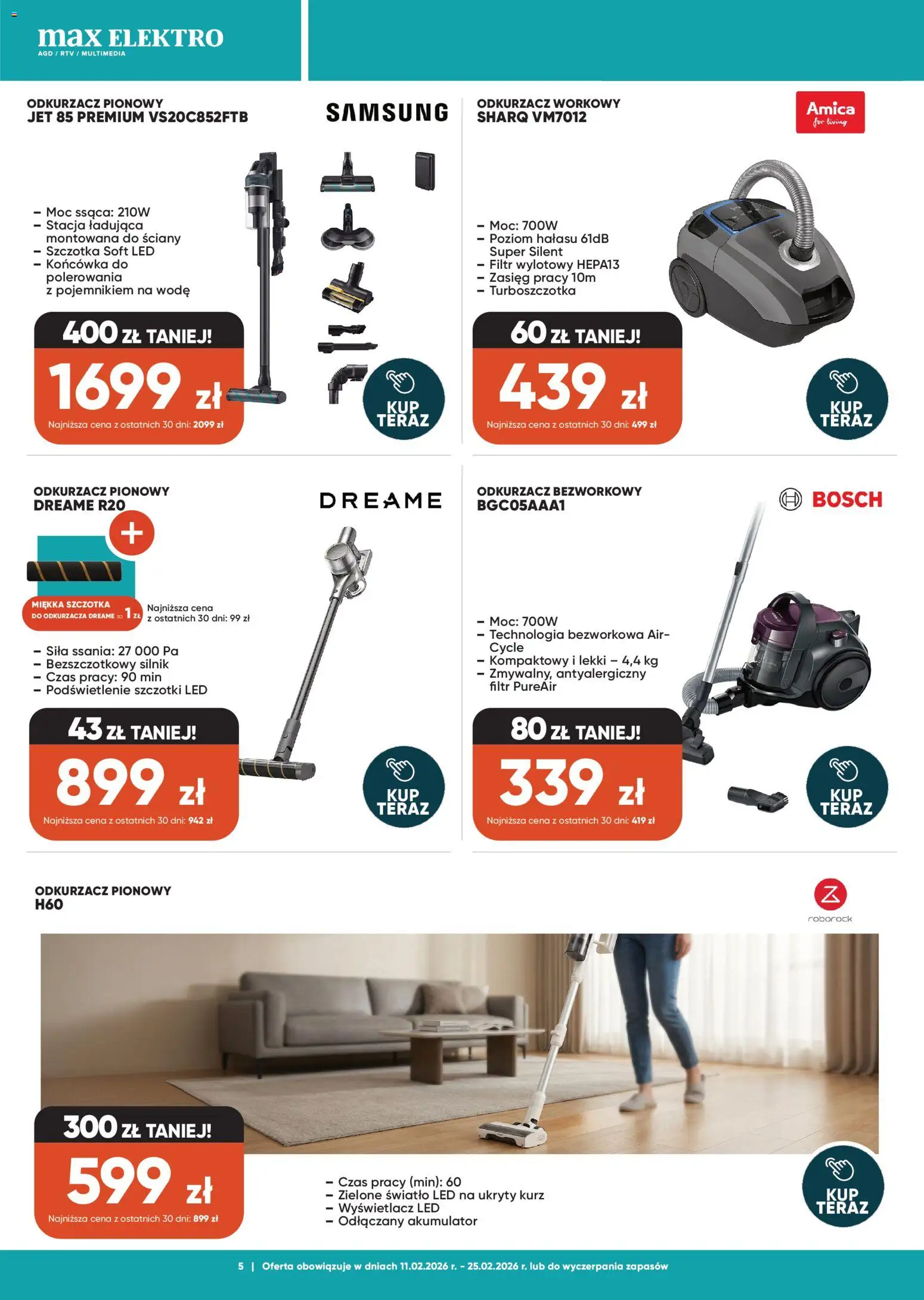 Max elektro Gazetka od 11.02.2026 | Strona: 5 | Produkty: Odkurzacz, Odkurzacz pionowy, Szczotka