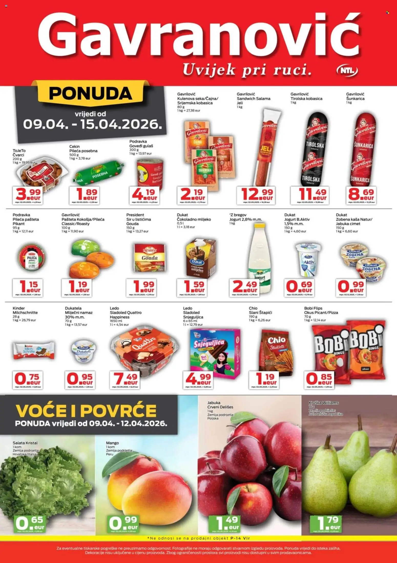 Gavranović katalog | vrijedi od 09.04.2026 | Stranica: 2 | Proizvodi: Mliječni namaz, Sladoled, Mango, Kobasica