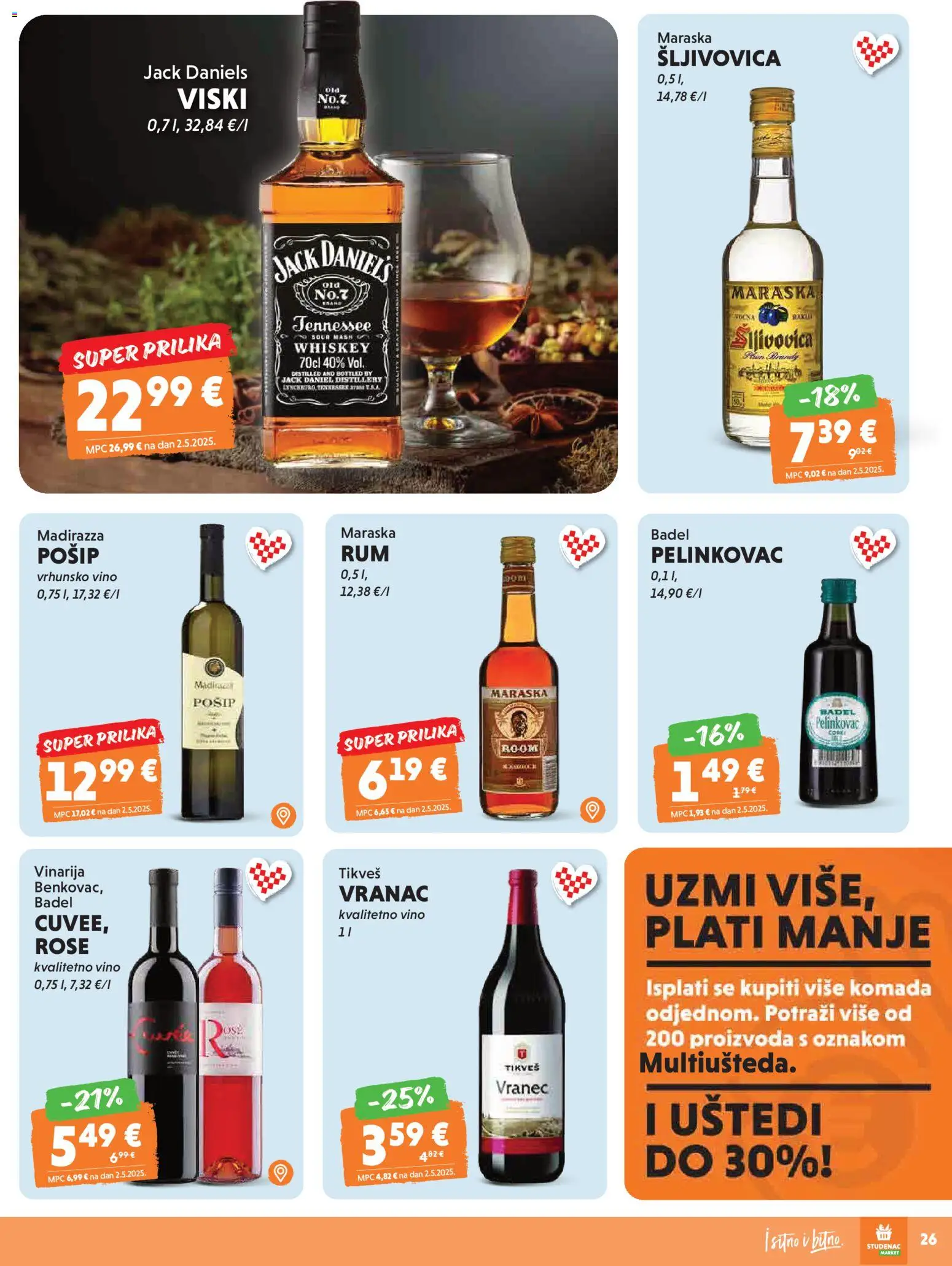Studenac katalog | vrijedi od 15.04.2026 | Stranica: 27 | Proizvodi: Pelinkovac, Šljivovica, Vino, Viski