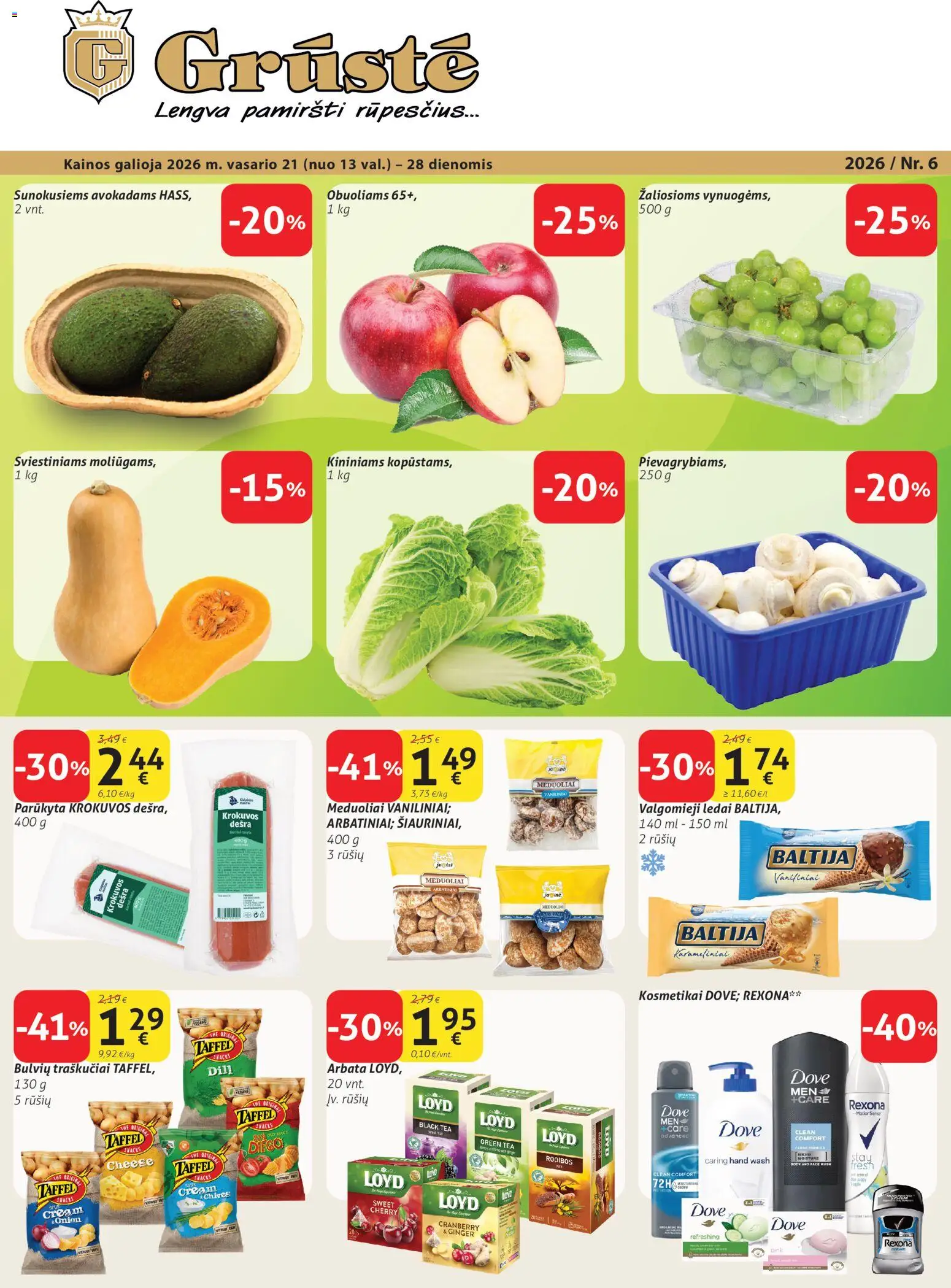 GRUSTE akcijos nuo 21.02.2026 | Puslapis: 1 | Prekių: Ledai, Dešra, Arbata, Traškučiai