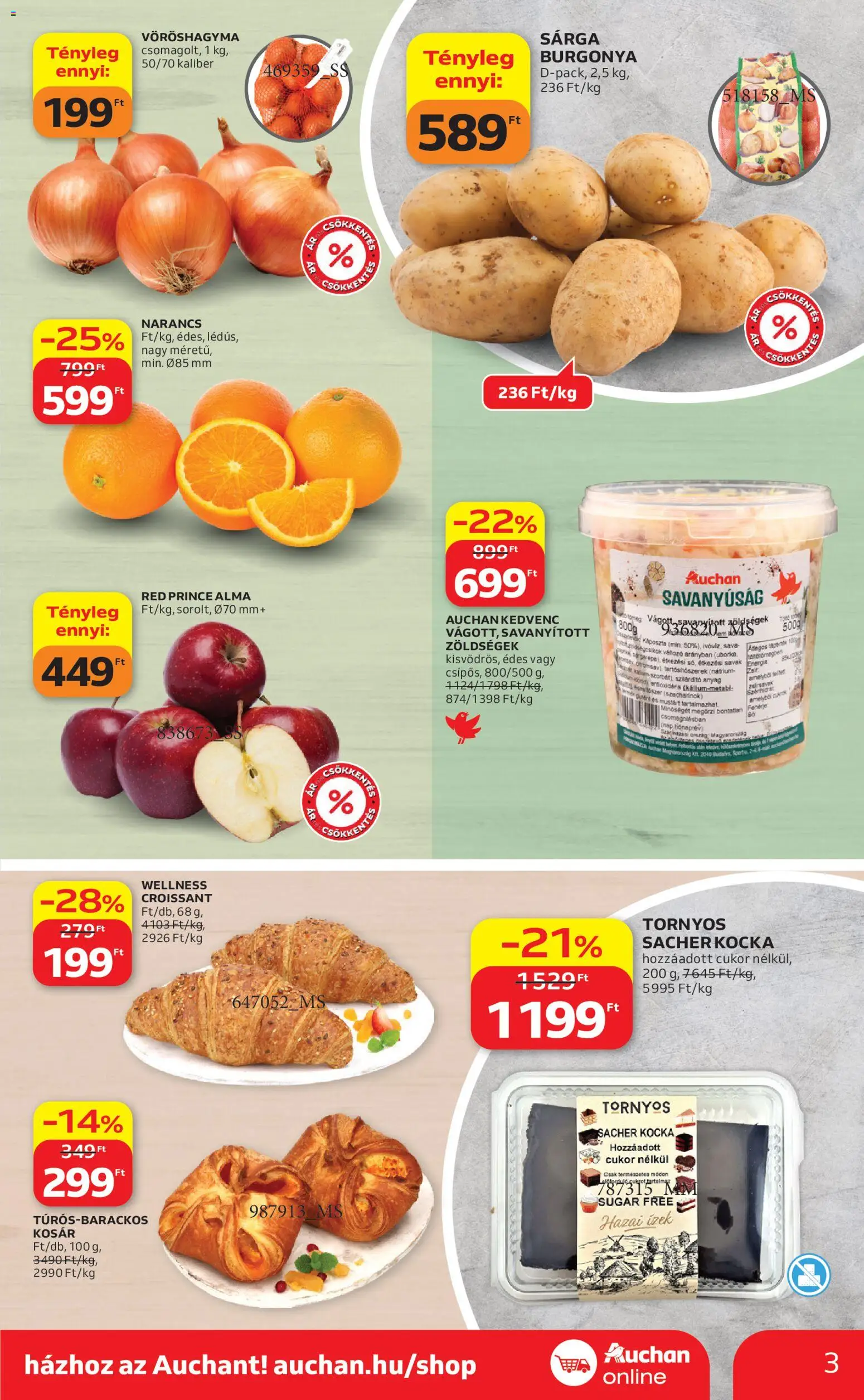 Auchan akciós ujság - amely érvényes a következő dátumtól: 16.04.2026 | Oldal: 3 | Termékek: Káposzta, Croissant, Vöröshagyma, Alma