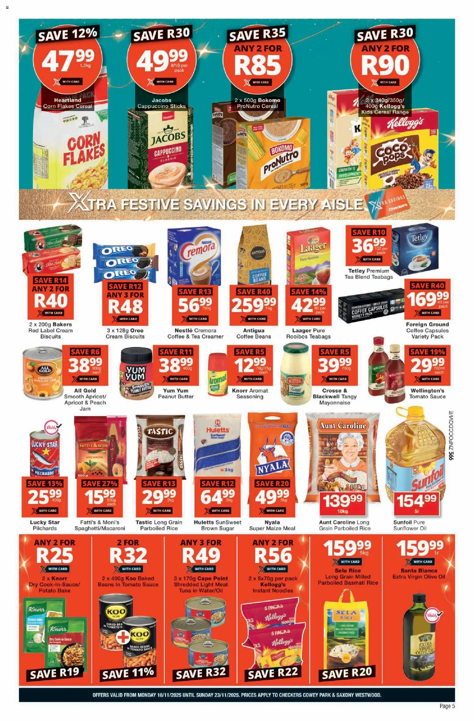 New Checkers catalogue – valid from 10.11.2025 | Page: 5 | Products: Pilchards, Creamer, Sugar, Peach