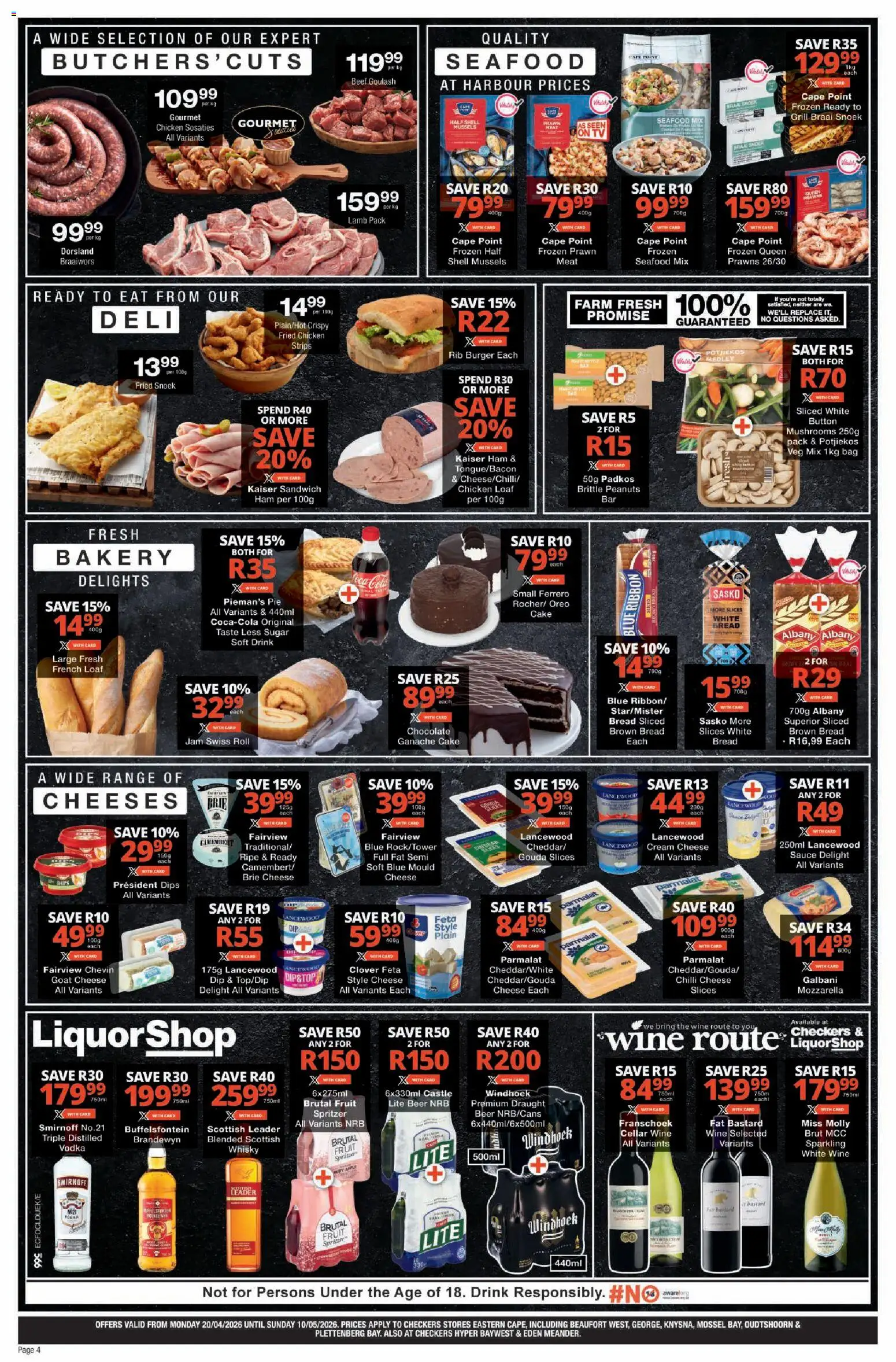 New Checkers catalogue – valid from 20.04.2026 | Page: 4 | Products: Cake, Cheese, Bread, Fruit