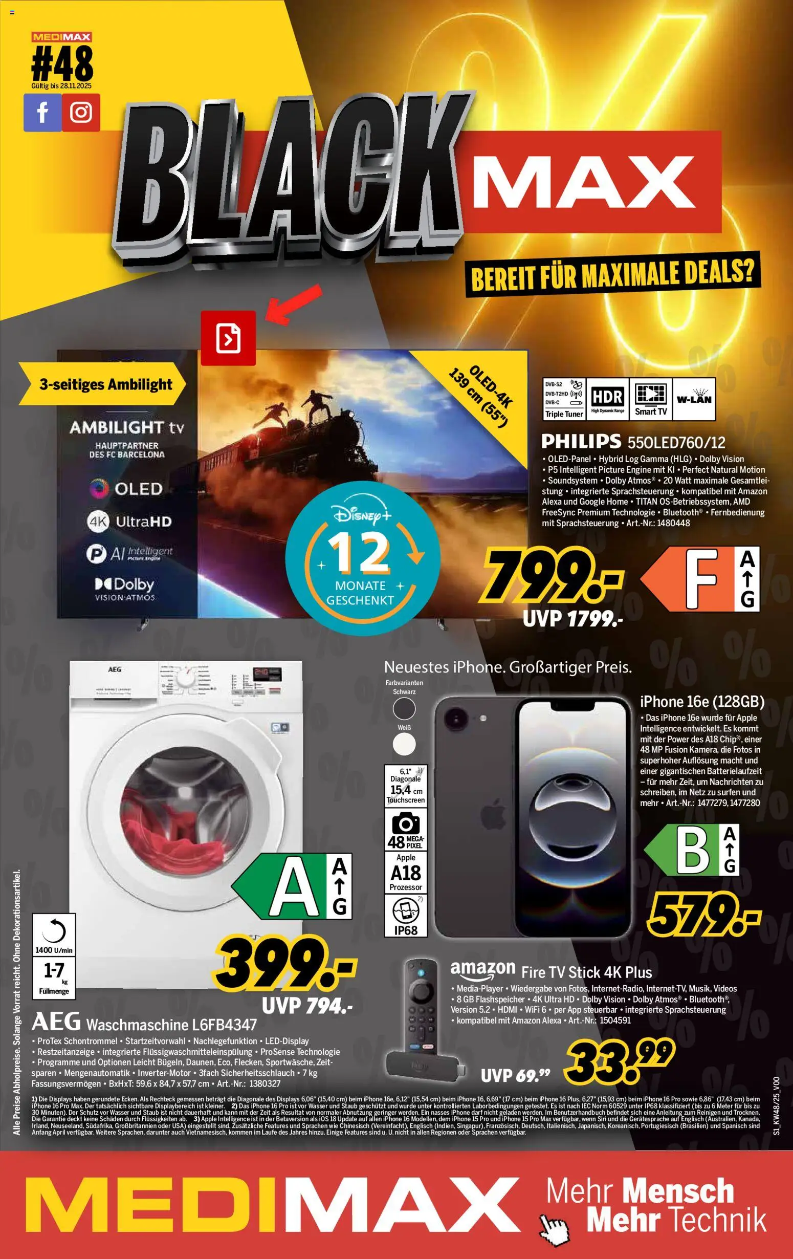 Medimax - Black Friday – gültig ab 22.11.2025 | Seite: 1 | Produkte: Philips, Waschmaschine, Apple, TV