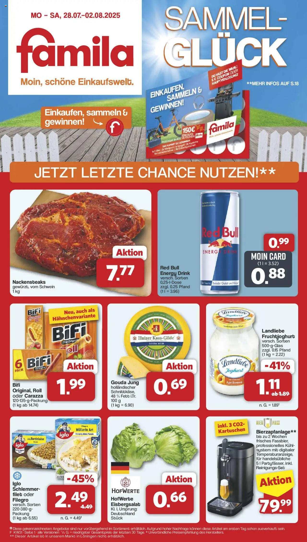 Famila Nordwest Prospekt 	 - gültig ab dem 28.07.2025 | Seite: 1 | Produkte: Energy, Gouda, Bifi, Kopfhörer