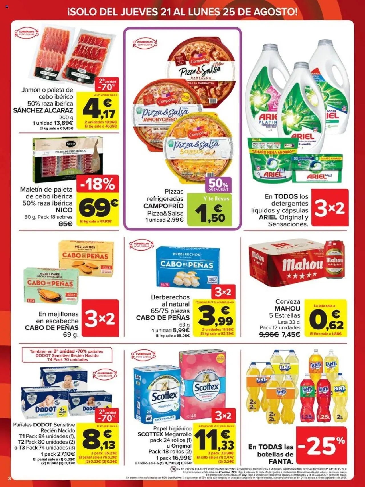 Carrefour folleto │ válido desde el 21.08.2025 | Página: 3 | Productos: Berberechos, Pizza, Cerveza, Papel higienico