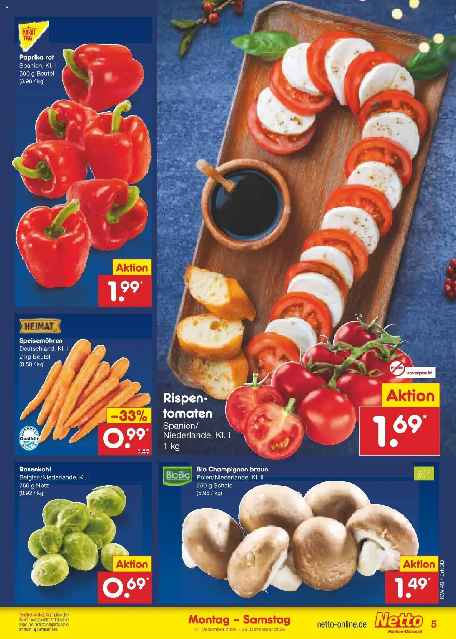Netto Marken-Discount prospekt Velden	 – gültig ab 01.12.2025 | Seite: 5 | Produkte: Paprika rot, Tomaten, Paprika