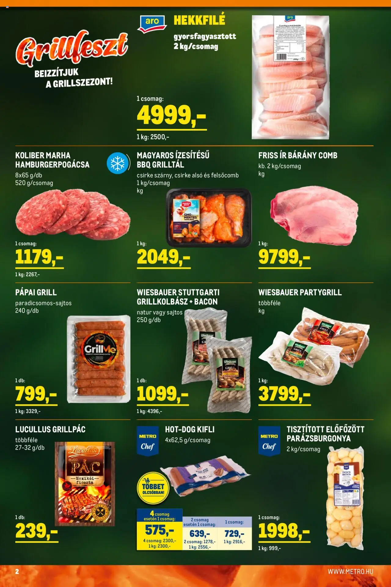 Metro akciós ujság - amely érvényes a következő dátumtól: 01.07.2025 | Oldal: 2 | Termékek: Hamburgerpogácsa, Grillkolbász, Kifli, Bacon