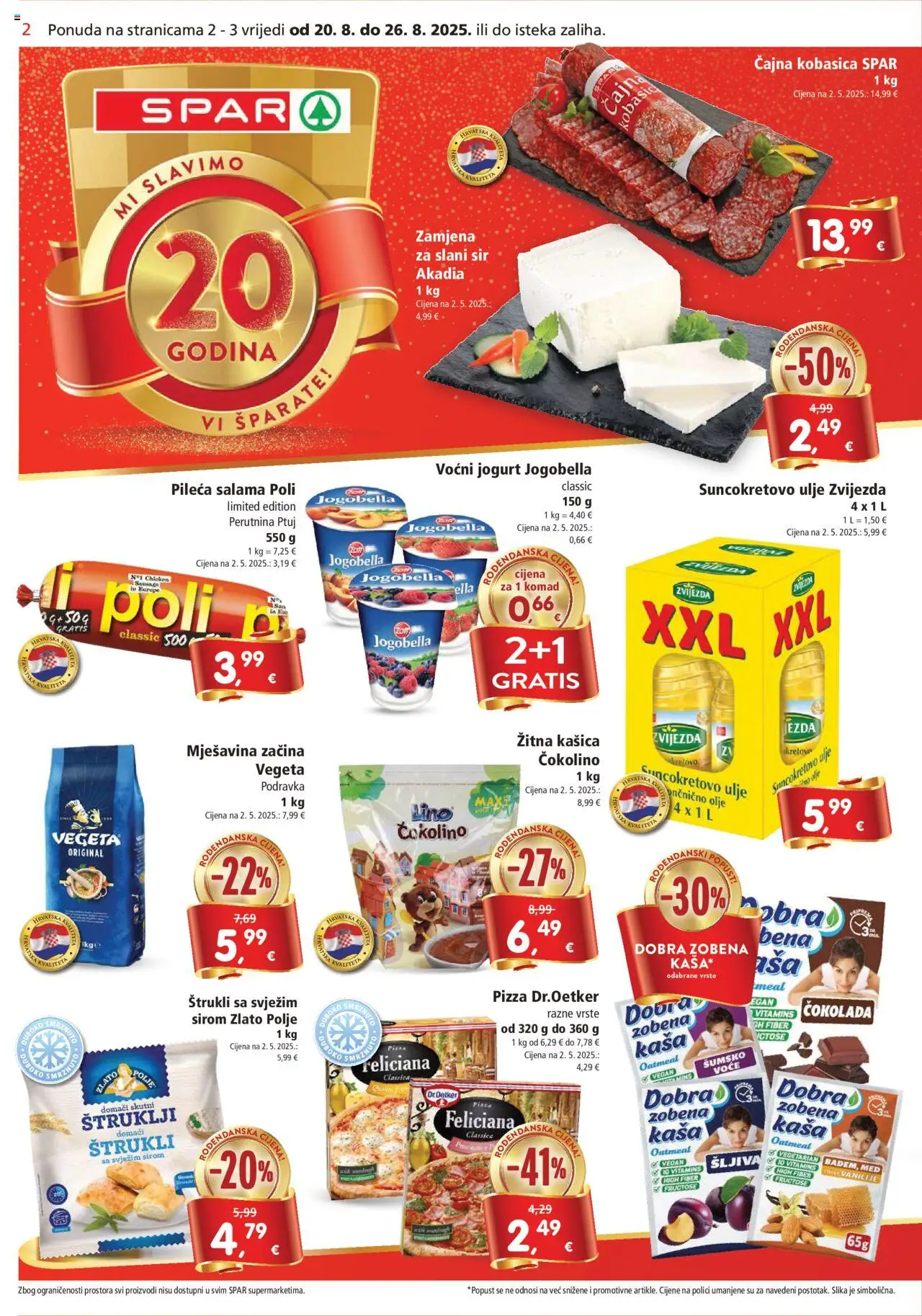 Spar katalog | vrijedi od 20.08.2025 | Stranica: 2 | Proizvodi: Jogurt, Podravka, Kobasica, Perutnina Ptuj