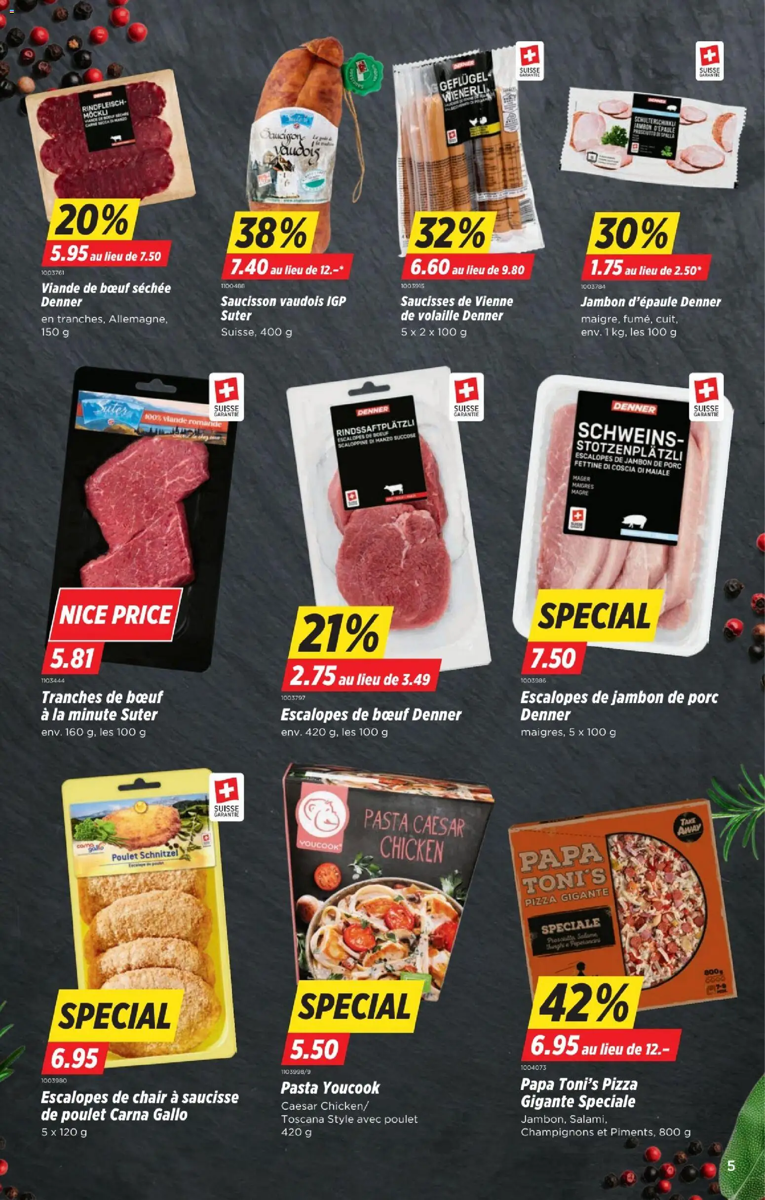Denner Aktionen FR – gültig ab 13.01.2026 | Seite: 5 | Produkte: Champignons, Pizza, Rindfleisch, Pasta