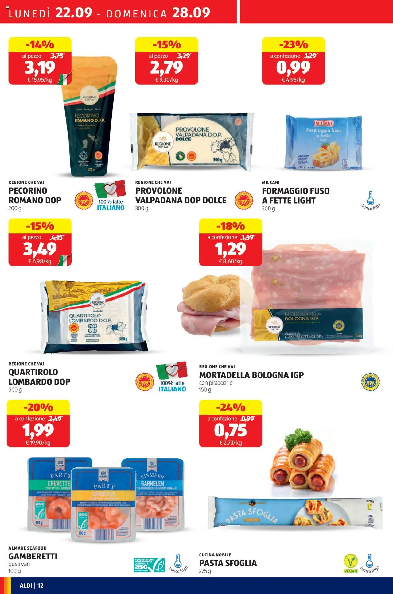 Volantino Aldi del 22.09.2025 | Pagina: 12 | Prodotti: Latte, Mortadella, Pecorino Romano, Gamberetti