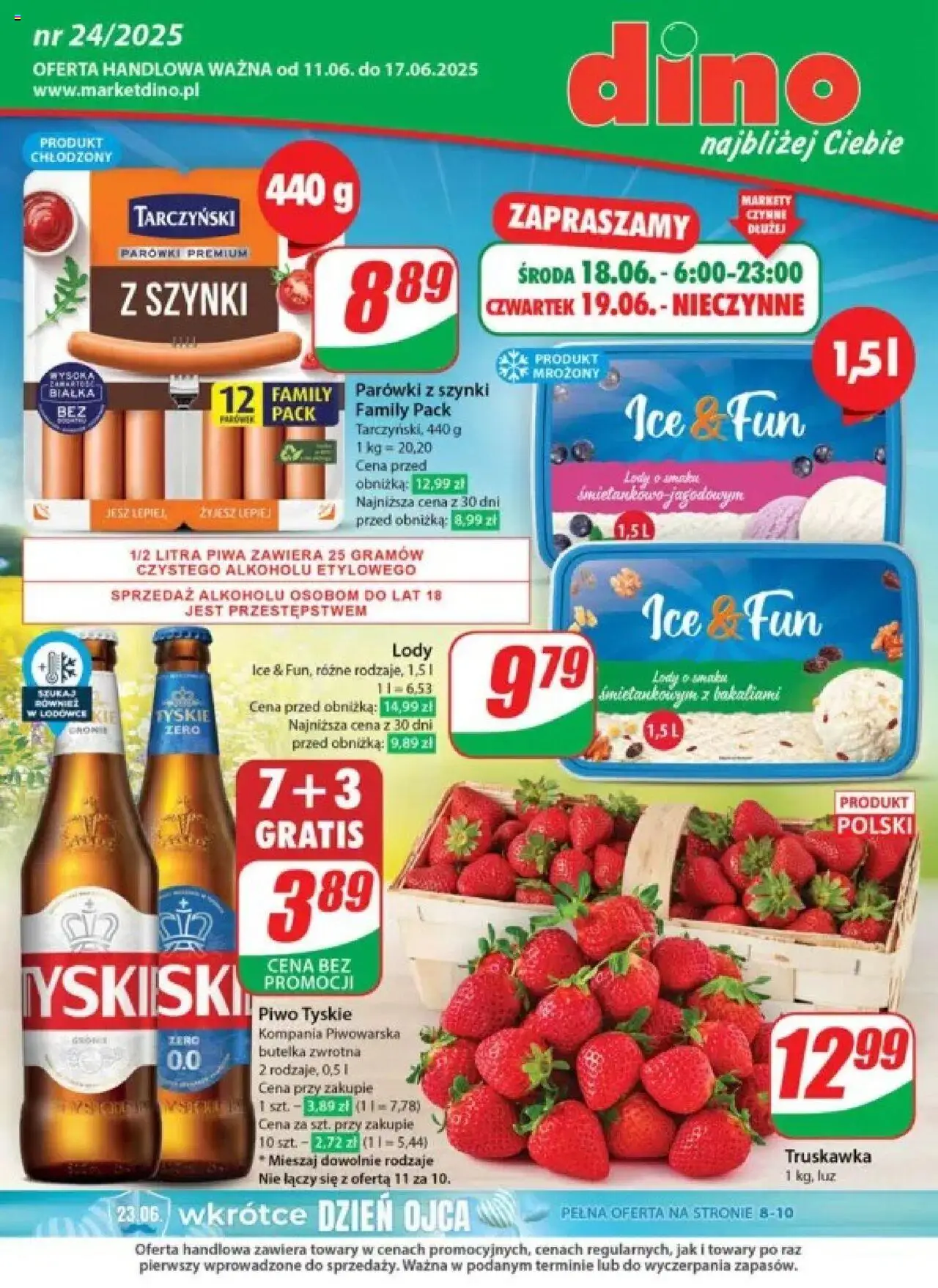 Dino Gazetka od 11.06.2025 | Strona: 1 | Produkty: Parówki z szynki, Parówki, Tyskie, Lody