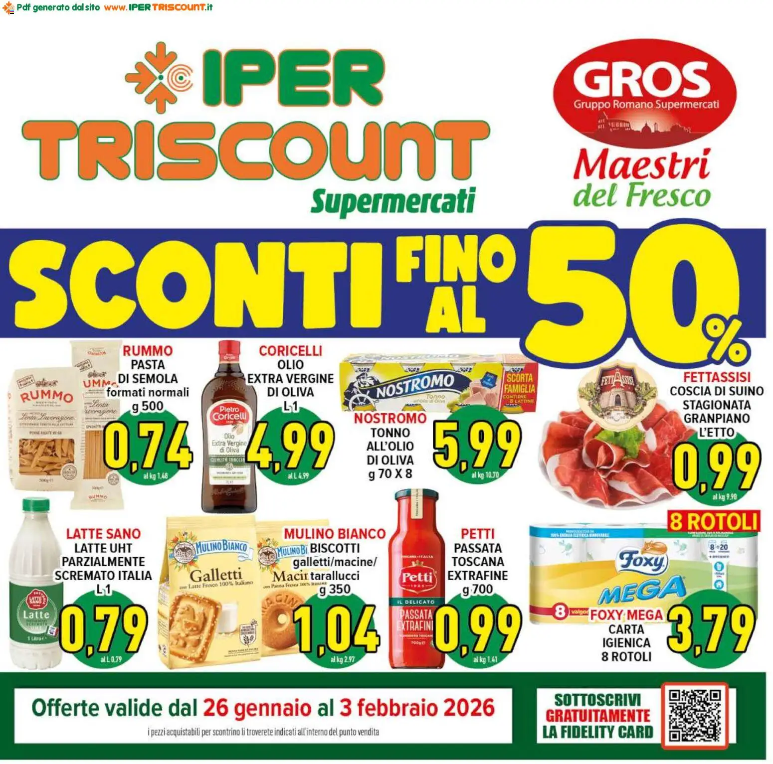 Volantino Ipertriscount del 26.01.2026 | Pagina: 1 | Prodotti: Biscotti, Suino, Olio, Pasta