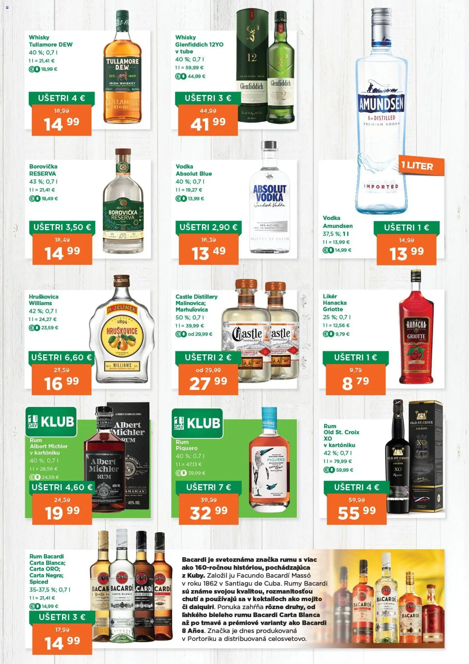 Nové 1day akcie – leták je platný od 23.10.2025 | Strana: 2 | Produkty: Vodka, Whisky, Tullamore Dew, Bacardi