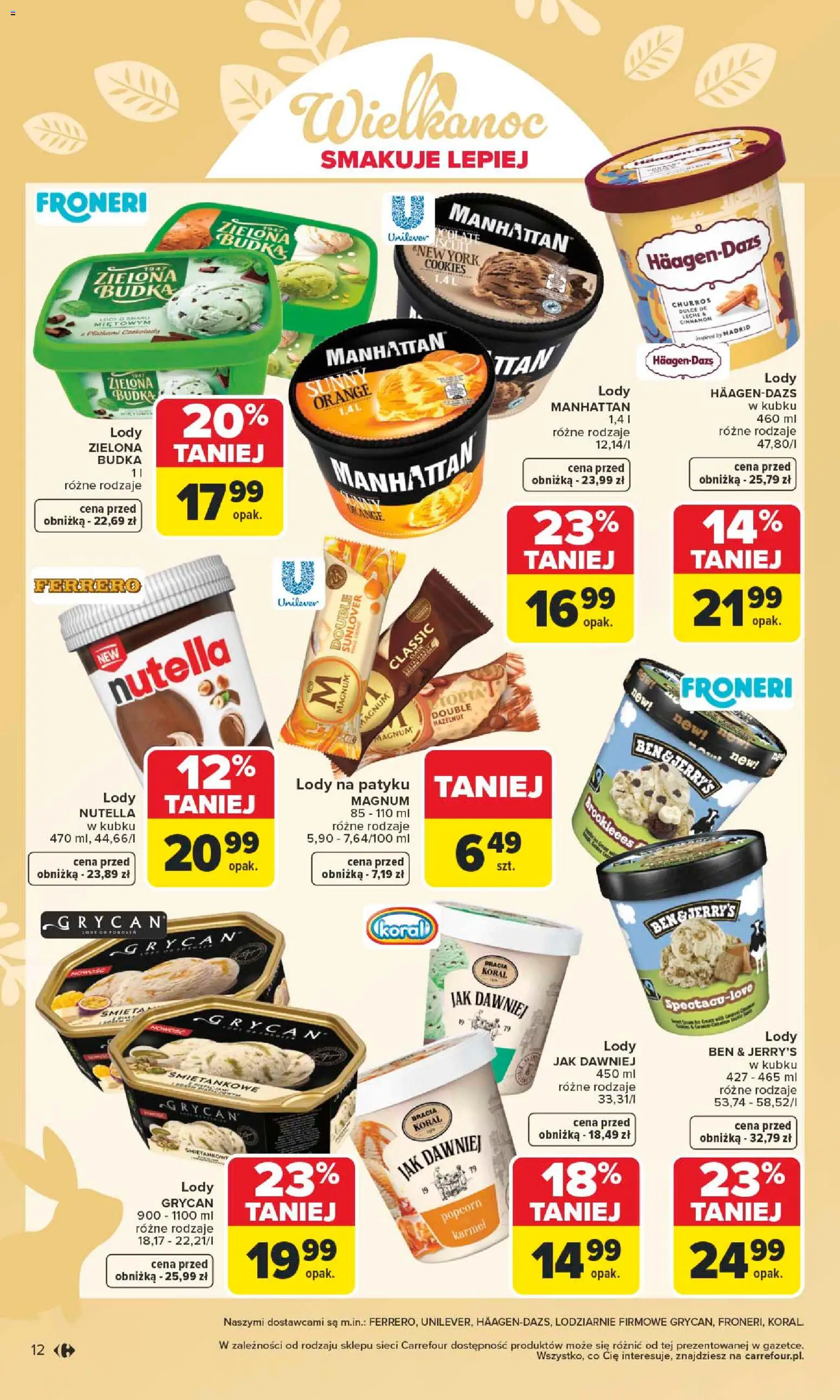 Carrefour gazetka - Wielkanoc smakuje lepiej od 16.03.2026 | Strona: 12 | Produkty: Lody Grycan, Lody na patyku, Lody Magnum, Lody