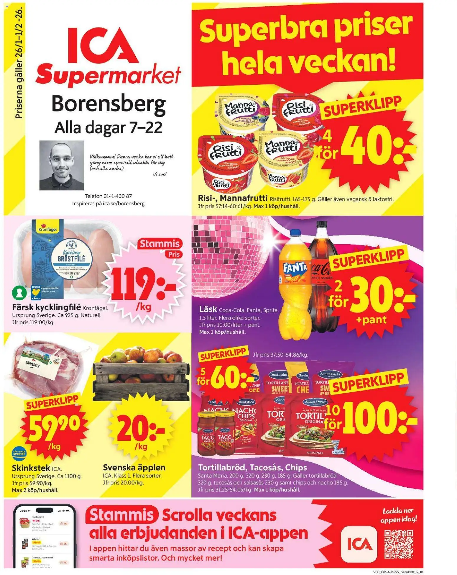 ICA Supermarket reklamblad aktuell från 26.01.2026 | Sida: 1 | Produkter: Tortilla, Chips, Salami, Äpplen