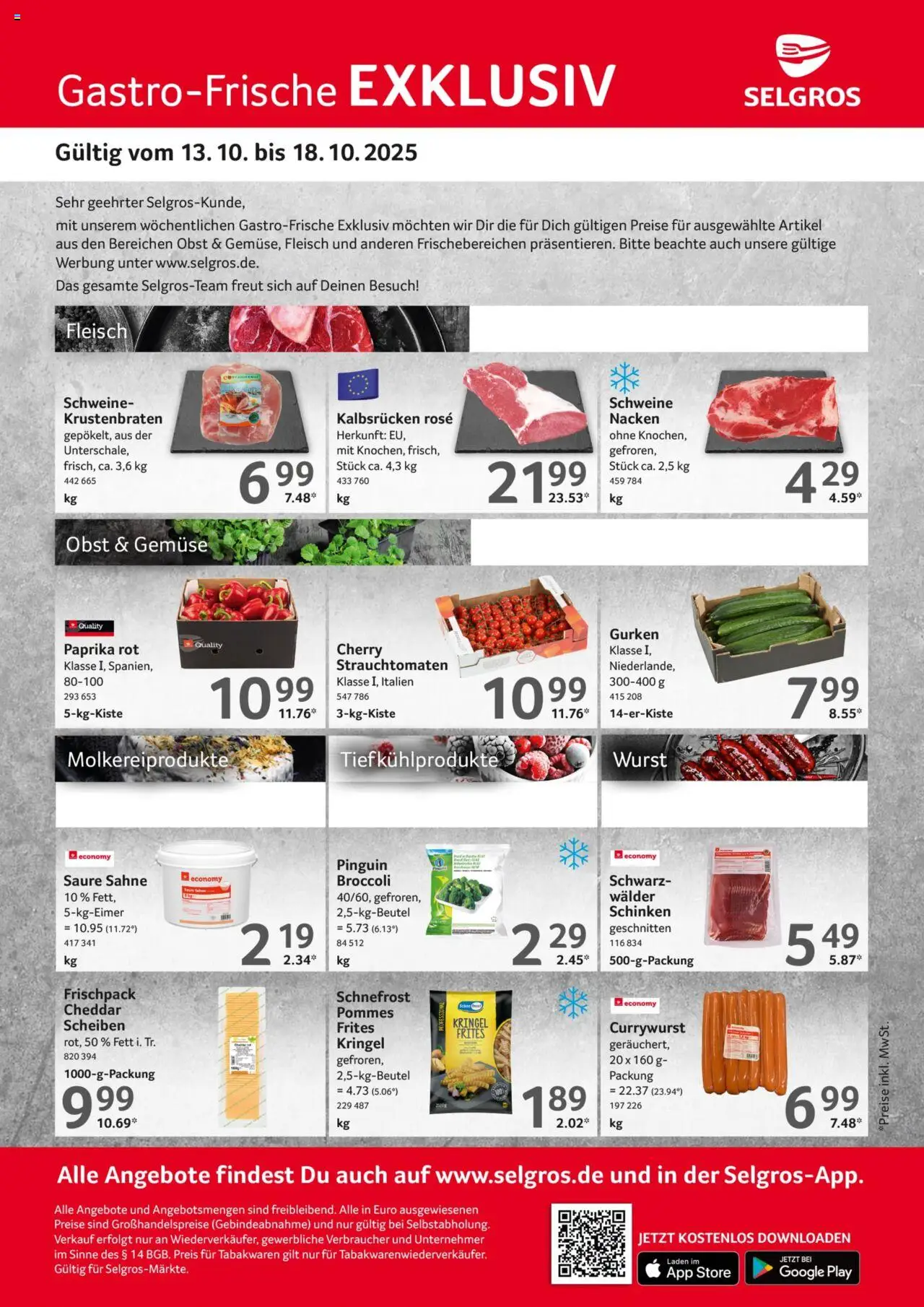 Selgros Gastro Angebote – gültig ab 13.10.2025 | Seite: 1 | Produkte: Pommes, Paprika, Schinken, Sahne