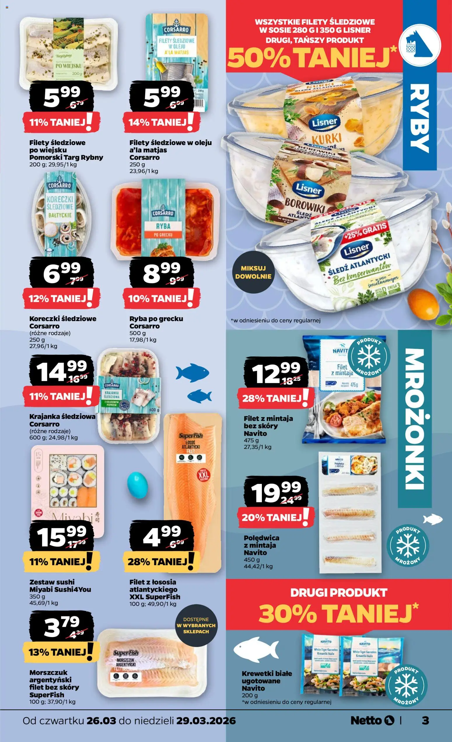 Netto gazetka od czwartku spożywcza od 26.03.2026 | Strona: 3 | Produkty: Krewetki, Krewetki białe, Filet z łososia, Ryba