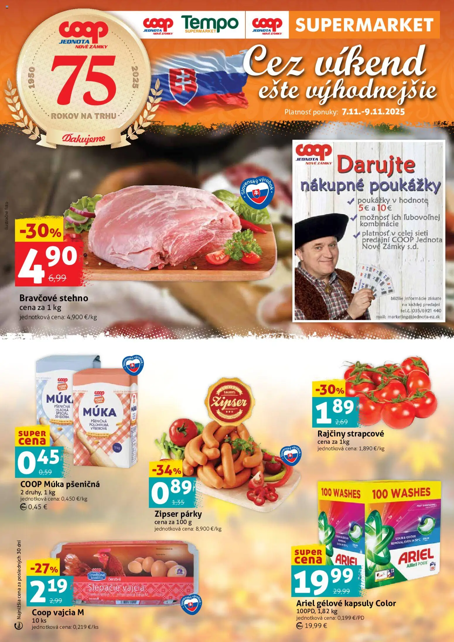 Nové COOP Jednota akcie – leták je platný od 07.11.2025 | Strana: 1 | Produkty: Múka, Ariel, Párky, Hladká múka