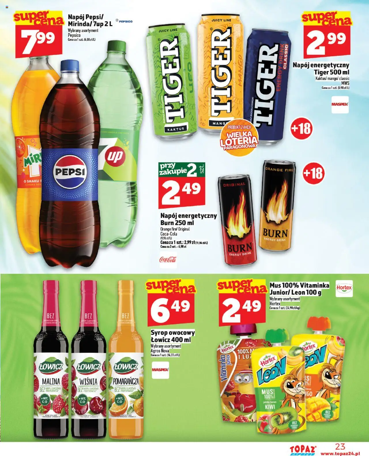 Topaz Gazetka - Express od 21.08.2025 | Strona: 23 | Produkty: Malina, Pepsi, Banan, Kiwi