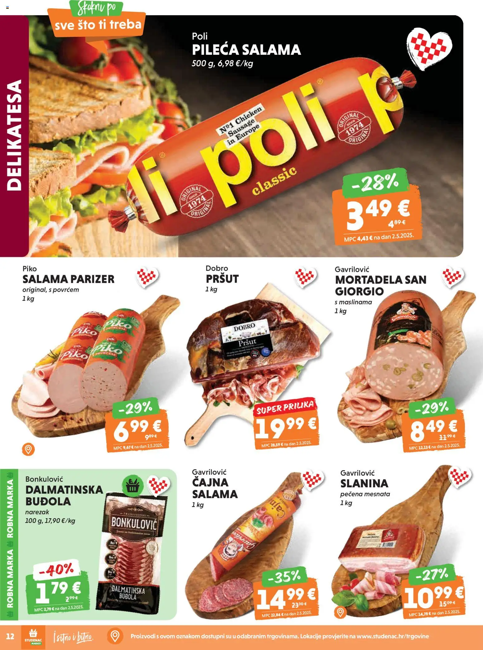 Studenac katalog | vrijedi od 29.04.2026 | Stranica: 12 | Proizvodi: Salama, Mortadela, Slanina, Parizer