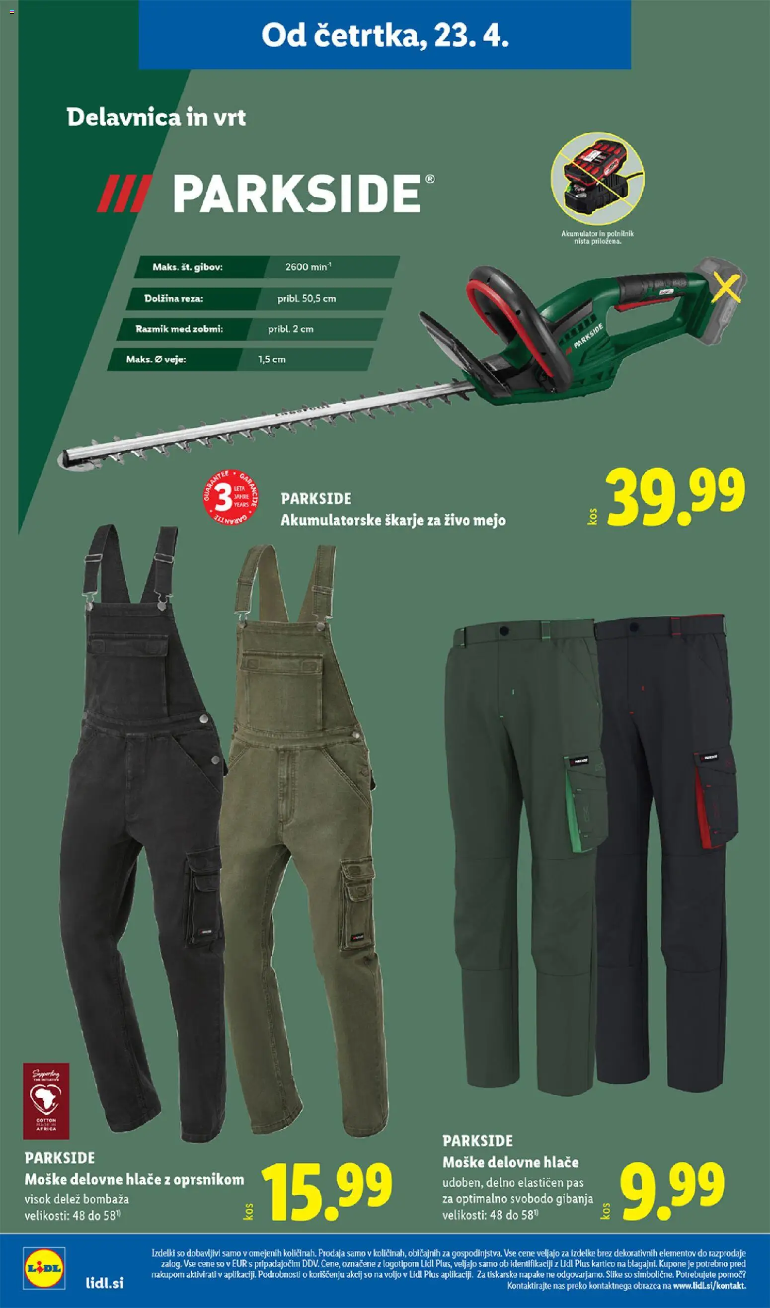 Novi Lidl katalog ponudbe – veljaven od 23.04.2026 | Stran: 28 | Izdelki: Škarje za živo mejo, Akumulator, Hlace, Pas