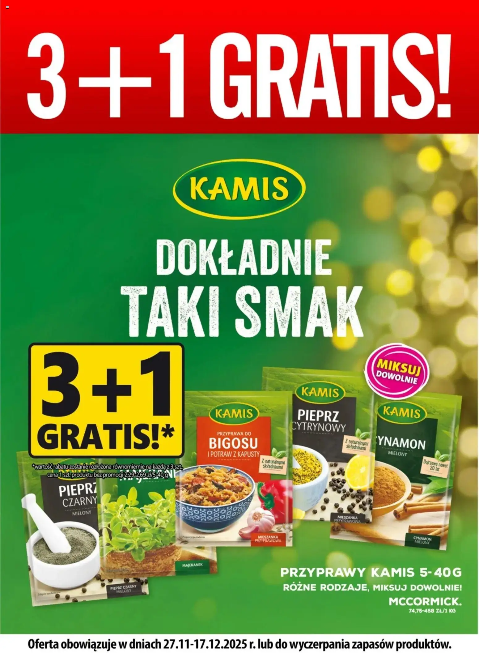 Prim Market Promocja - Przyprawy Kamis 3+1 Gratis od 27.11.2025 | Strona: 1 | Produkty: Cynamon, Majeranek, Przyprawy, Pieprz