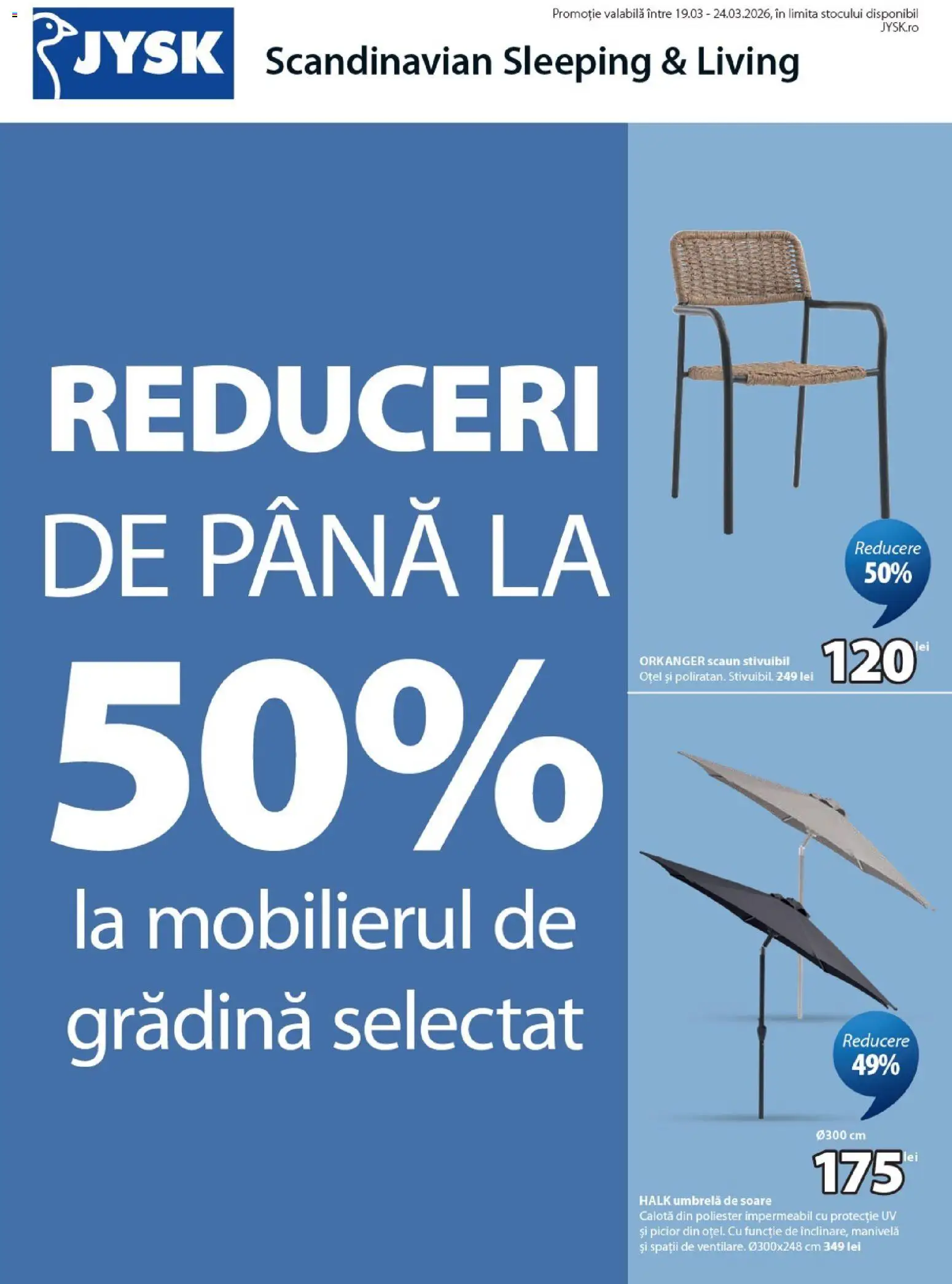 Noul catalog JYSK – valabil de la 19.03.2026 | Pagină: 1 | Produse: Umbrelă, Scaun