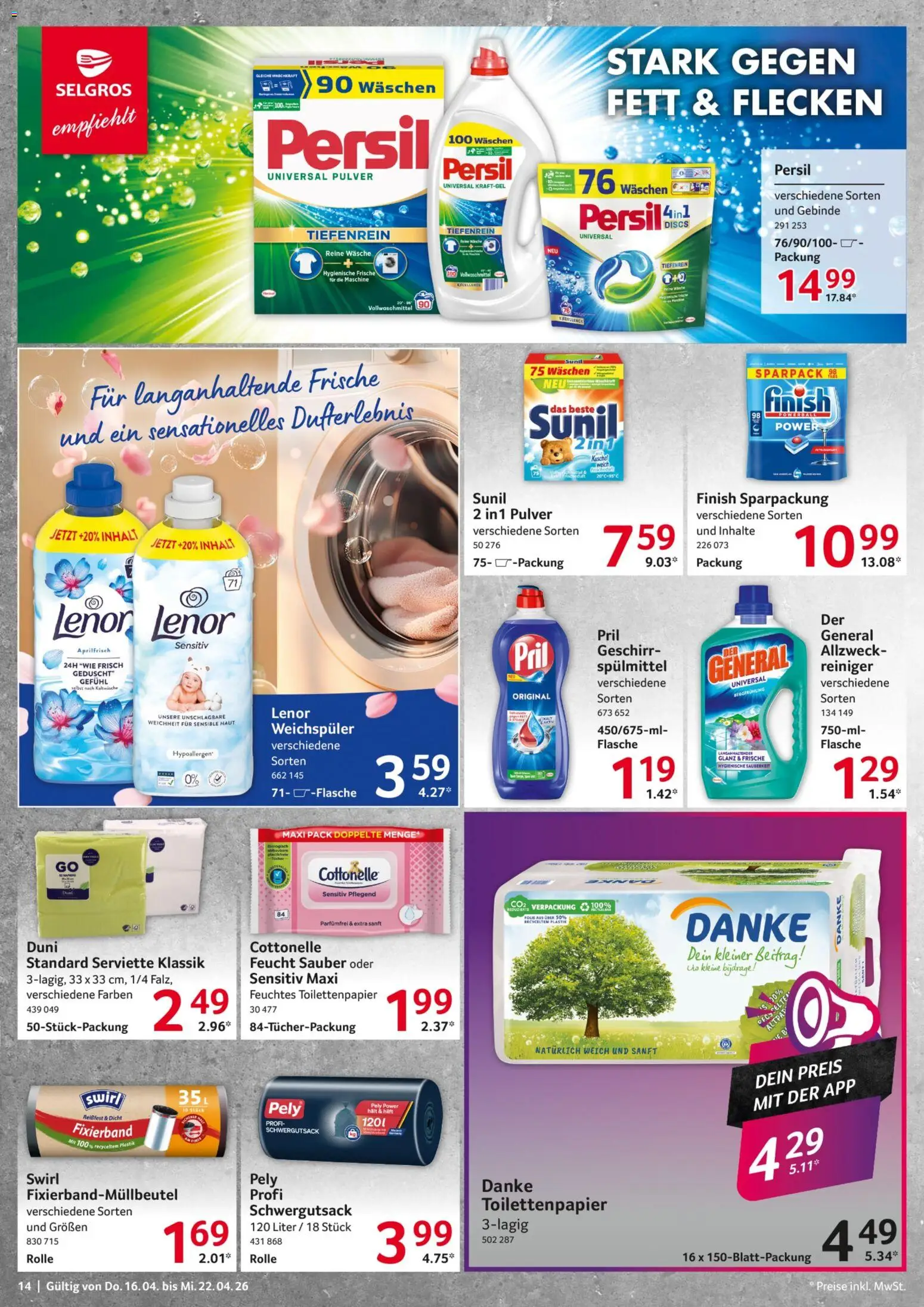 Selgros Prospekt 	 – gültig ab 16.04.2026 | Seite: 14 | Produkte: Lenor, Finish, Toilettenpapier, Feuchtes Toilettenpapier