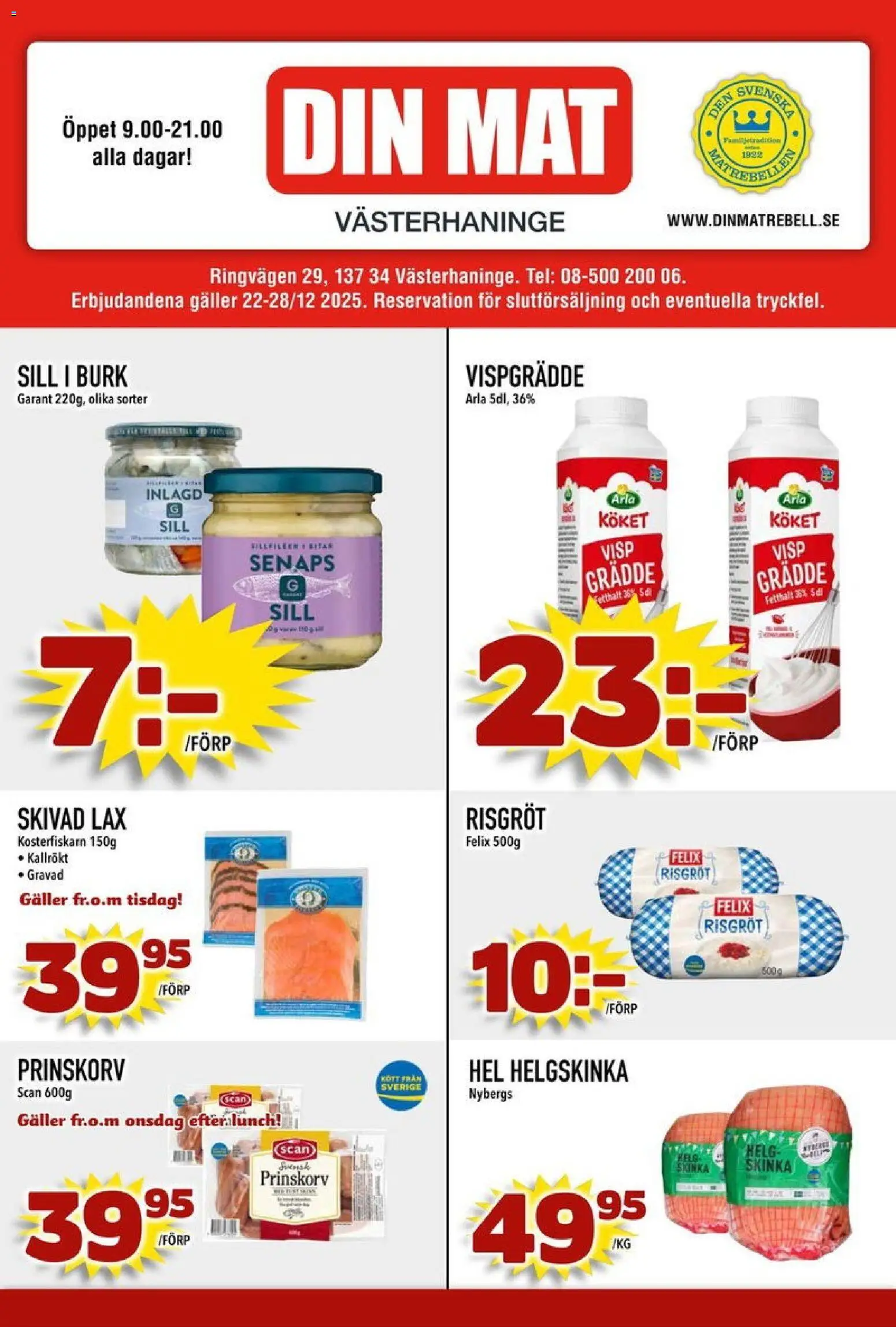 Din Mat reklamblad aktuell från 22.12.2025 | Sida: 1 | Produkter: Sill, Skinka, Grädde, Vispgrädde